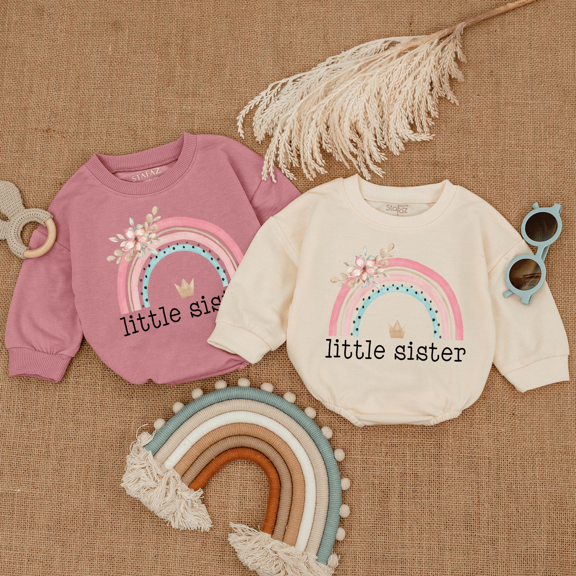 Charming Rainbow Little Sister Infant Bodysuit with Crown