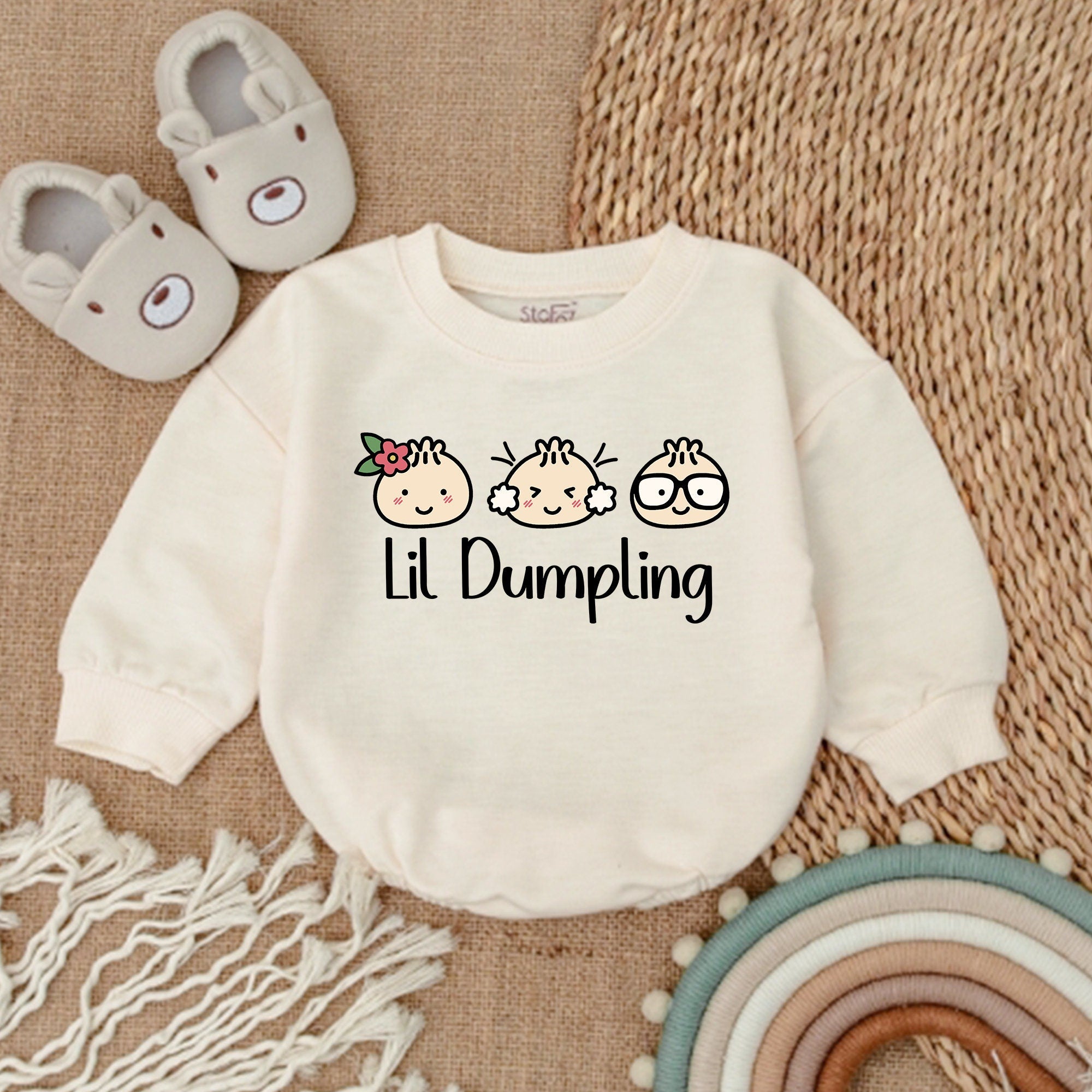 Lil Dumpling Baby Romper with Cute Dumpling Characters Soft Cotton Newborn Bodysuit Vegan-Friendly Baby Shower Gift Pastel Colors