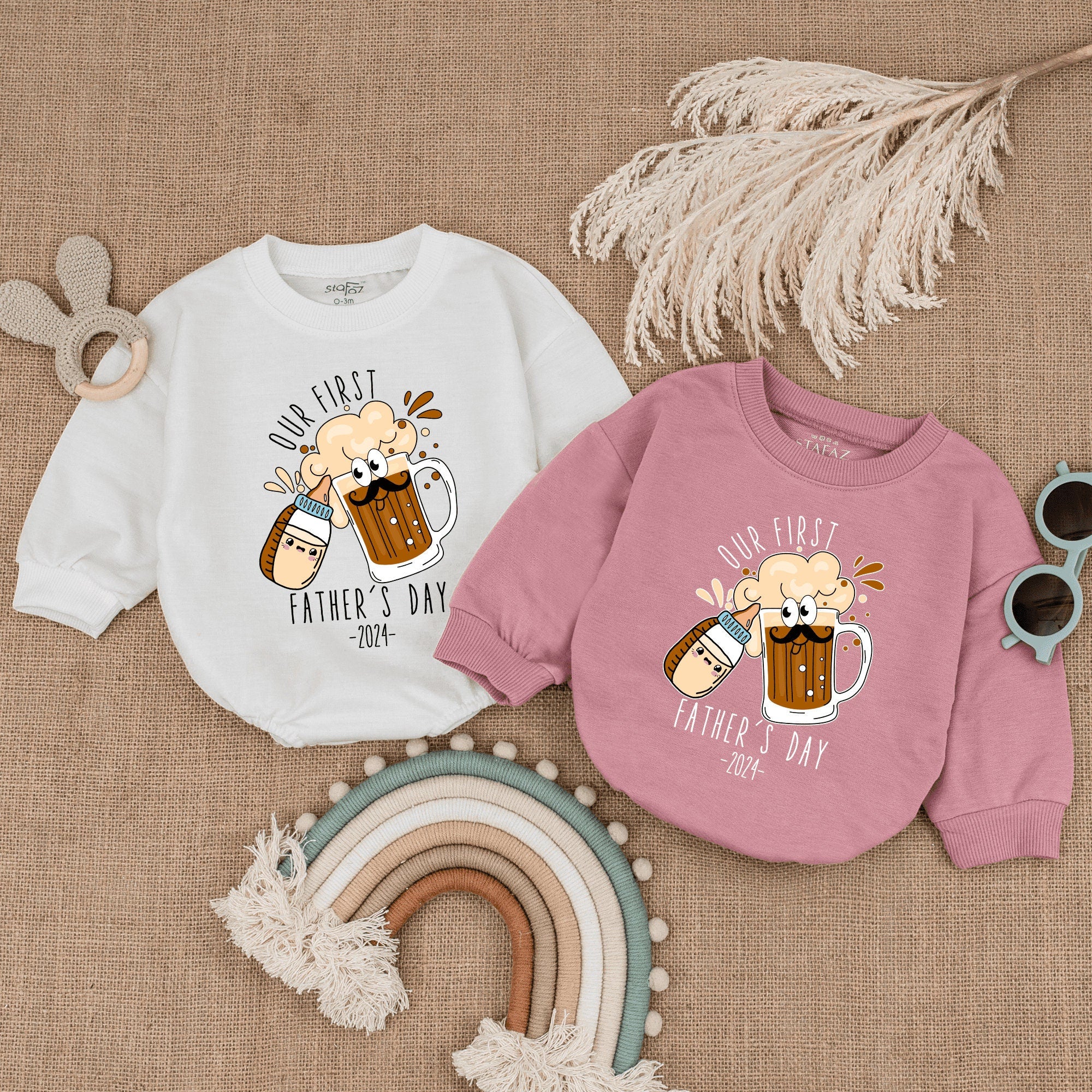 Our First Father's Day Baby Romper with Beer Mug and Bottle Design Gift for Daddy Baby Shower 2024 Warm Browns Creamy Whites Whimsical