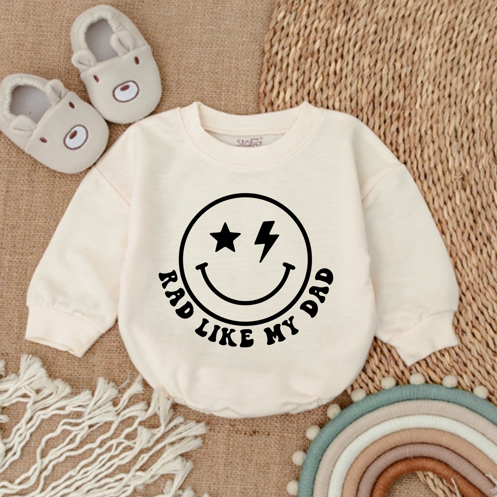 Rad Like My Dad Baby Romper with Smiley Face Graphic Fun Father's Day Newborn Boy Outfit Soft Cotton Comfortable Baby Clothes Gift