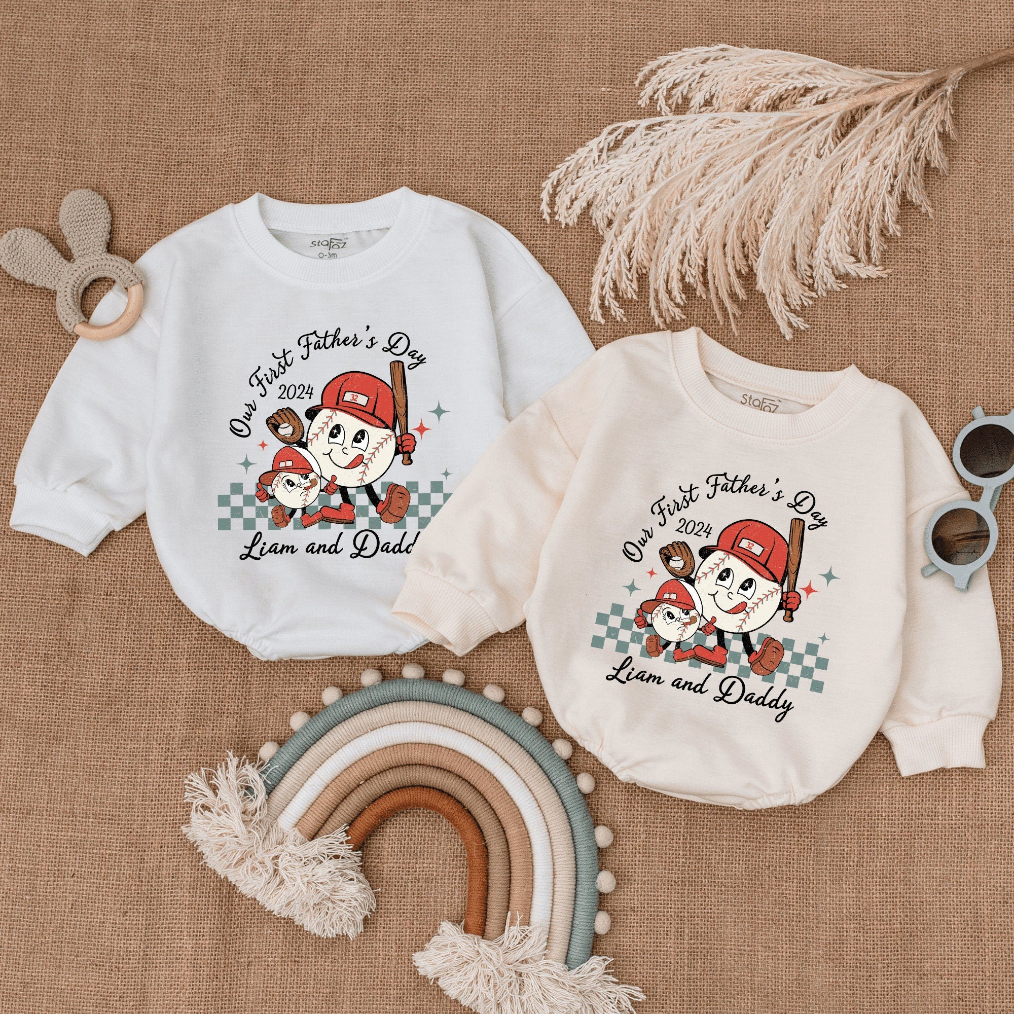 Personalized Our First Father's Day Romper with Retro Red Caps Baby Boy Girl Gift Nostalgic Checkered Green Pattern Infant Outfit