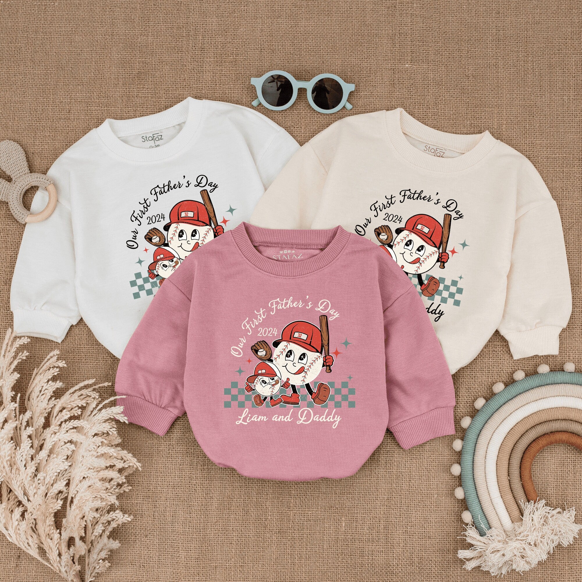 Personalized Our First Father's Day Romper with Retro Red Caps Baby Boy Girl Gift Nostalgic Checkered Green Pattern Infant Outfit