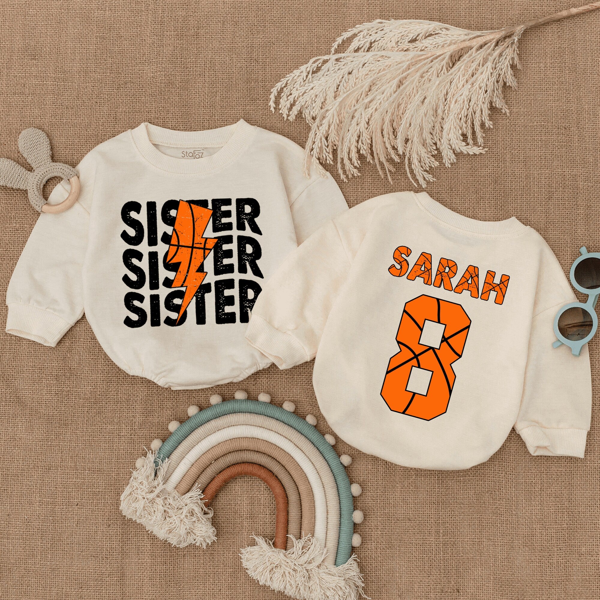 Custom SISTER Romper with Orange Lightning Bolt Design Baby Shower Gift Toddler Infant Soft Basketball Theme Personalized Name Sarah