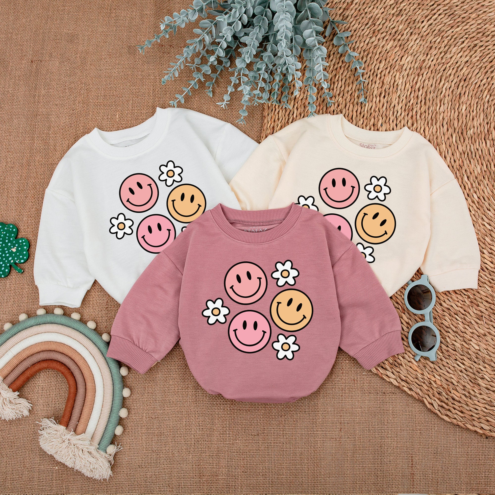 Groovy Smiley Faces Romper for Baby Girls Birthday Outfit Retro Style Flowers Cotton Soft Comfortable Party Wear