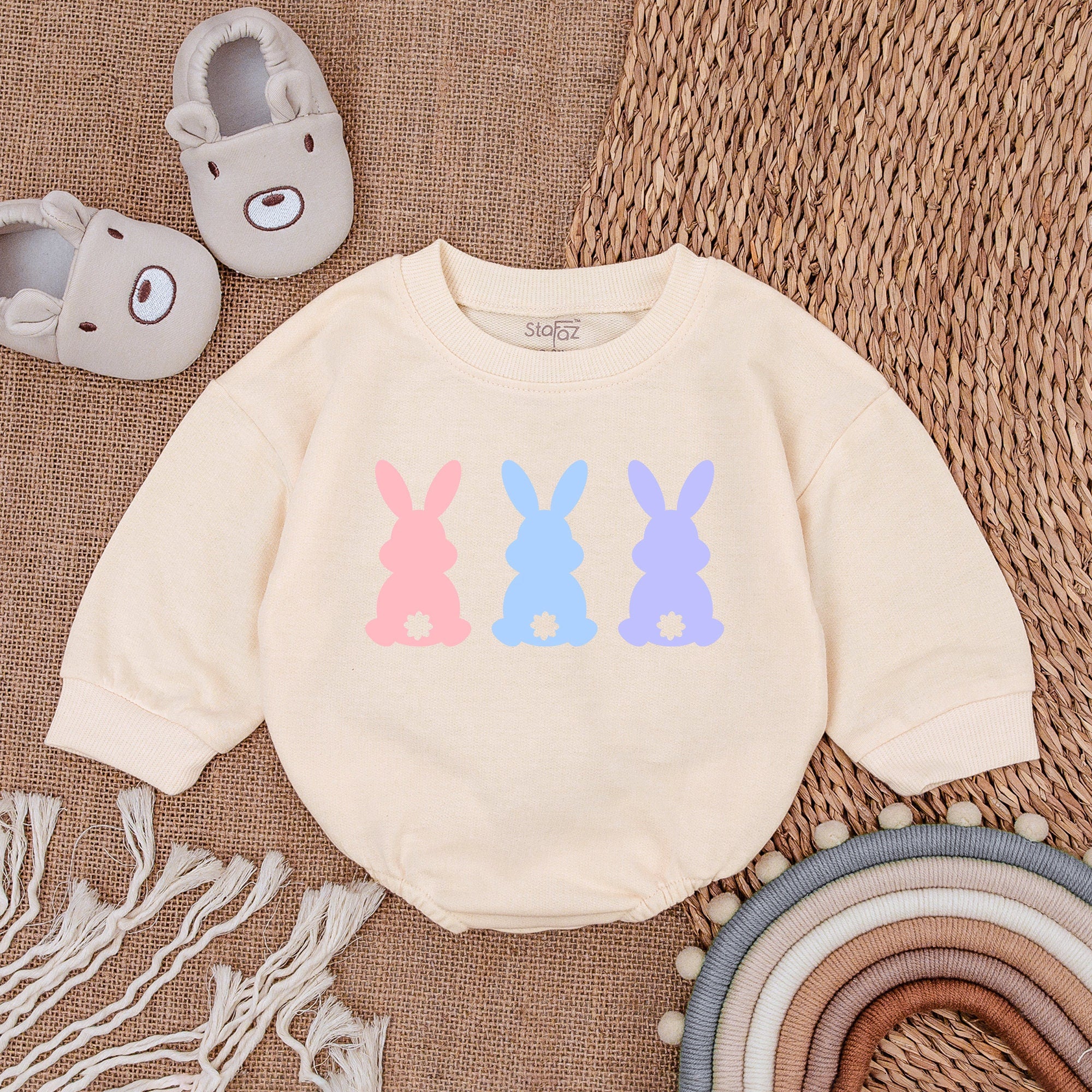 Squad Bunny Baby Boy Easter Outfit Sweatshirt Romper Pastel Pink Blue Minimalist Bunny Design Newborn Infant Cotton Casual Wear