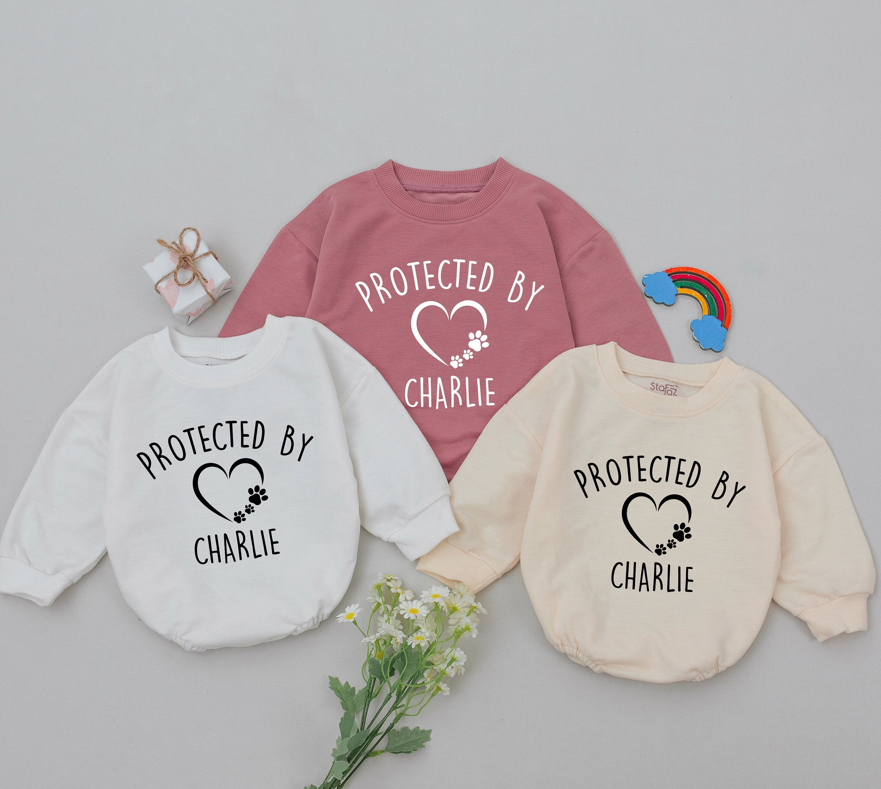 Protected By Personalized Dog Name Baby Romper with Heart and Paw Print Soft Cotton Newborn Gift Ideal for Baby Showers
