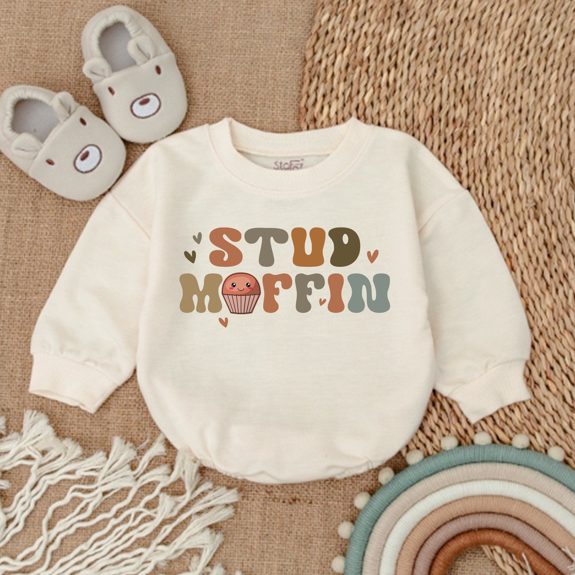 Stud Muffin Baby Bodysuit Cute Outfit with Earthy Tones and Smiling Muffin Graphic Perfect for Baby Boys Gift Soft Cotton Romper