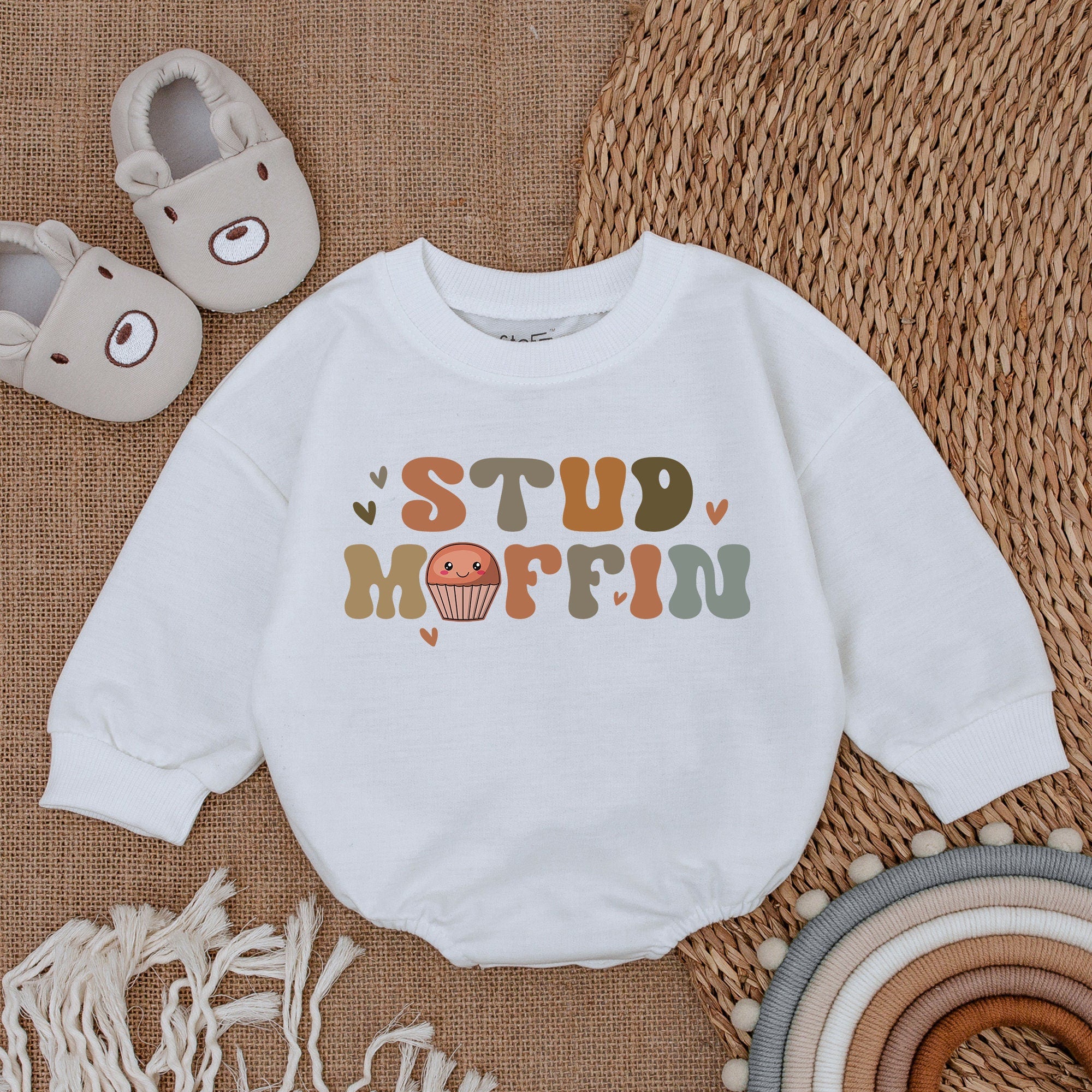 Stud Muffin Baby Bodysuit Cute Outfit with Earthy Tones and Smiling Muffin Graphic Perfect for Baby Boys Gift Soft Cotton Romper