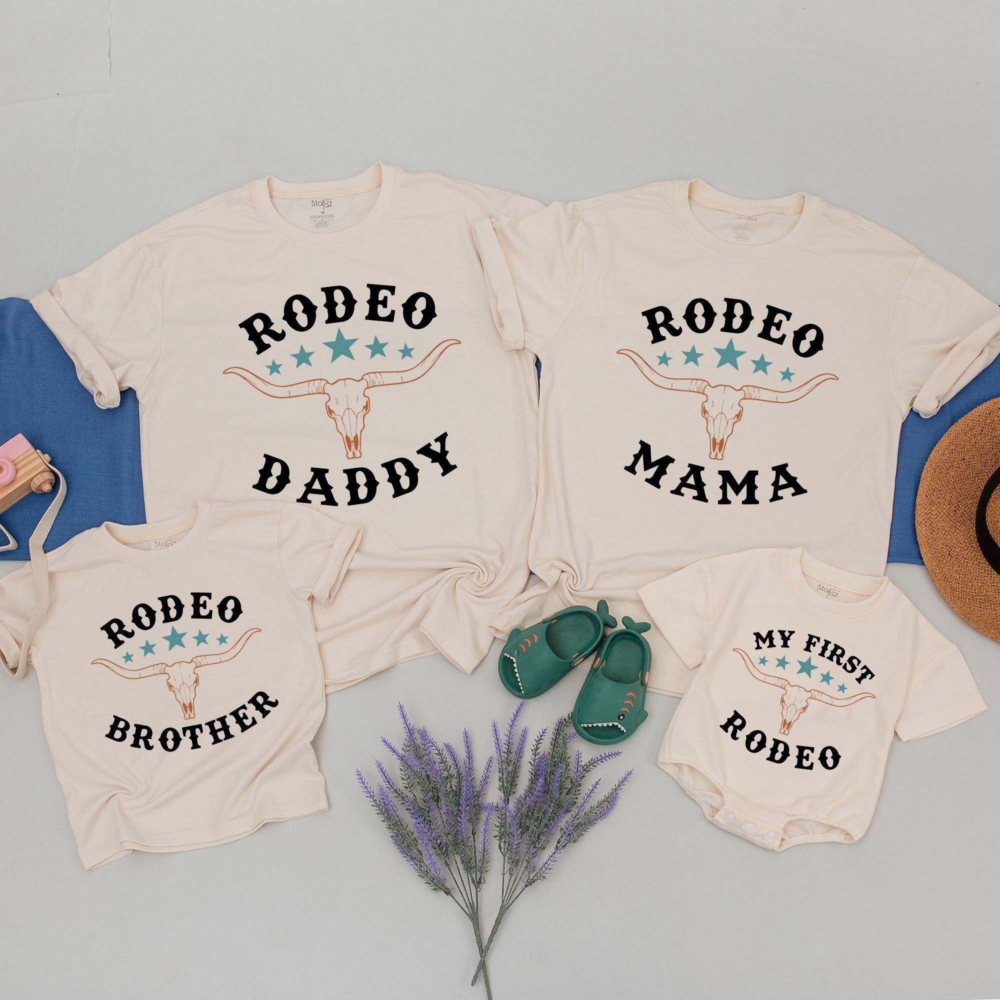My First Rodeo Birthday Matching Family Shirts Longhorn Skull Design Cowboy Party Teal Stars Cotton Personalized Mama Daddy Sister Tee