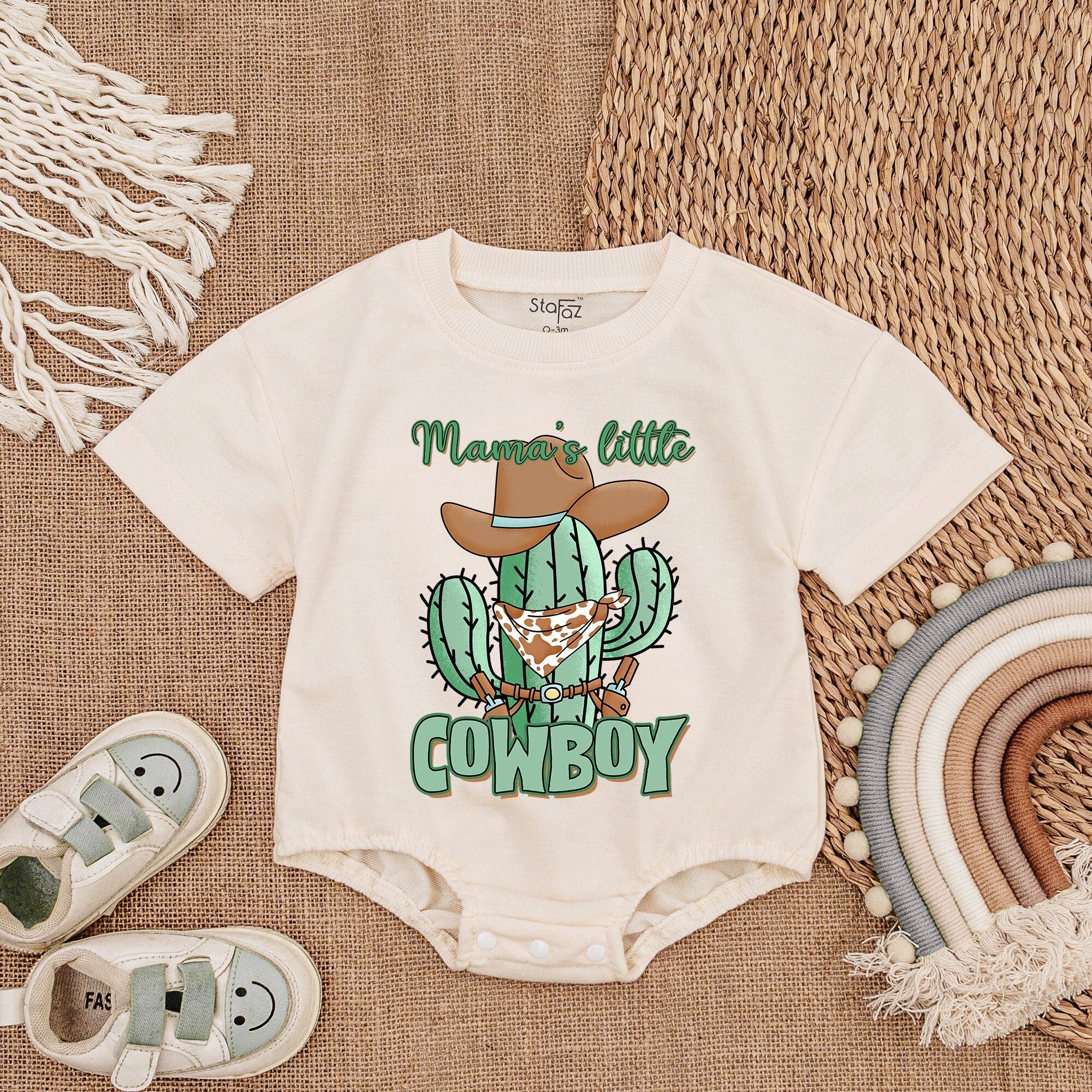 Mama's Little Cowboy Baby Romper with Cactus and Hat Design Soft Cotton Short Sleeve Outfit for Infant Playful Western Style