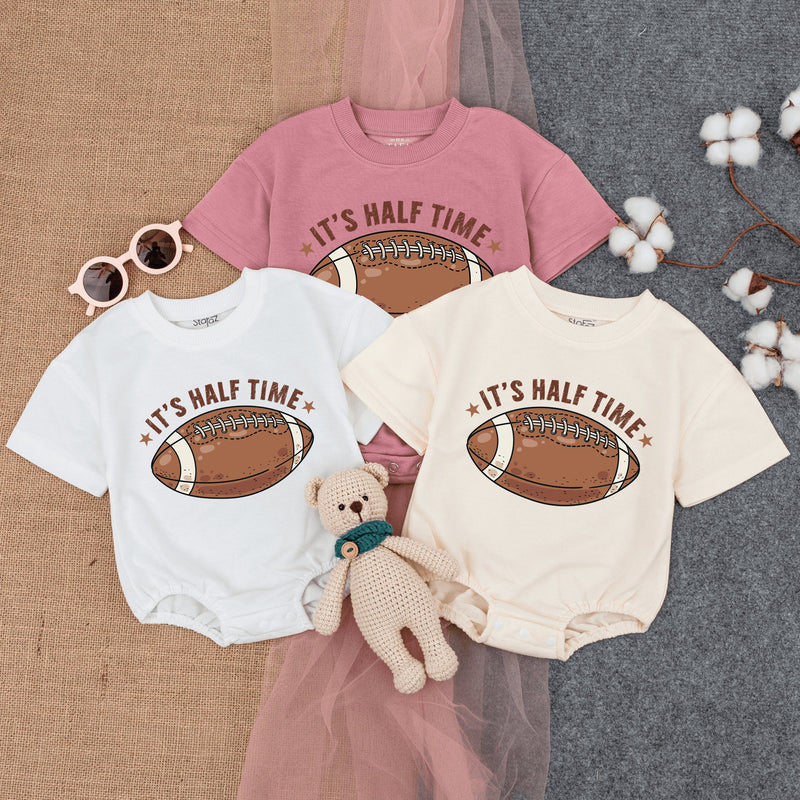 Personalized It's Halftime Football Baby Romper, Custom 1/2 Birthday Outfit, Soft Cotton Long Sleeve for Baby Milestone Photos & Gameday