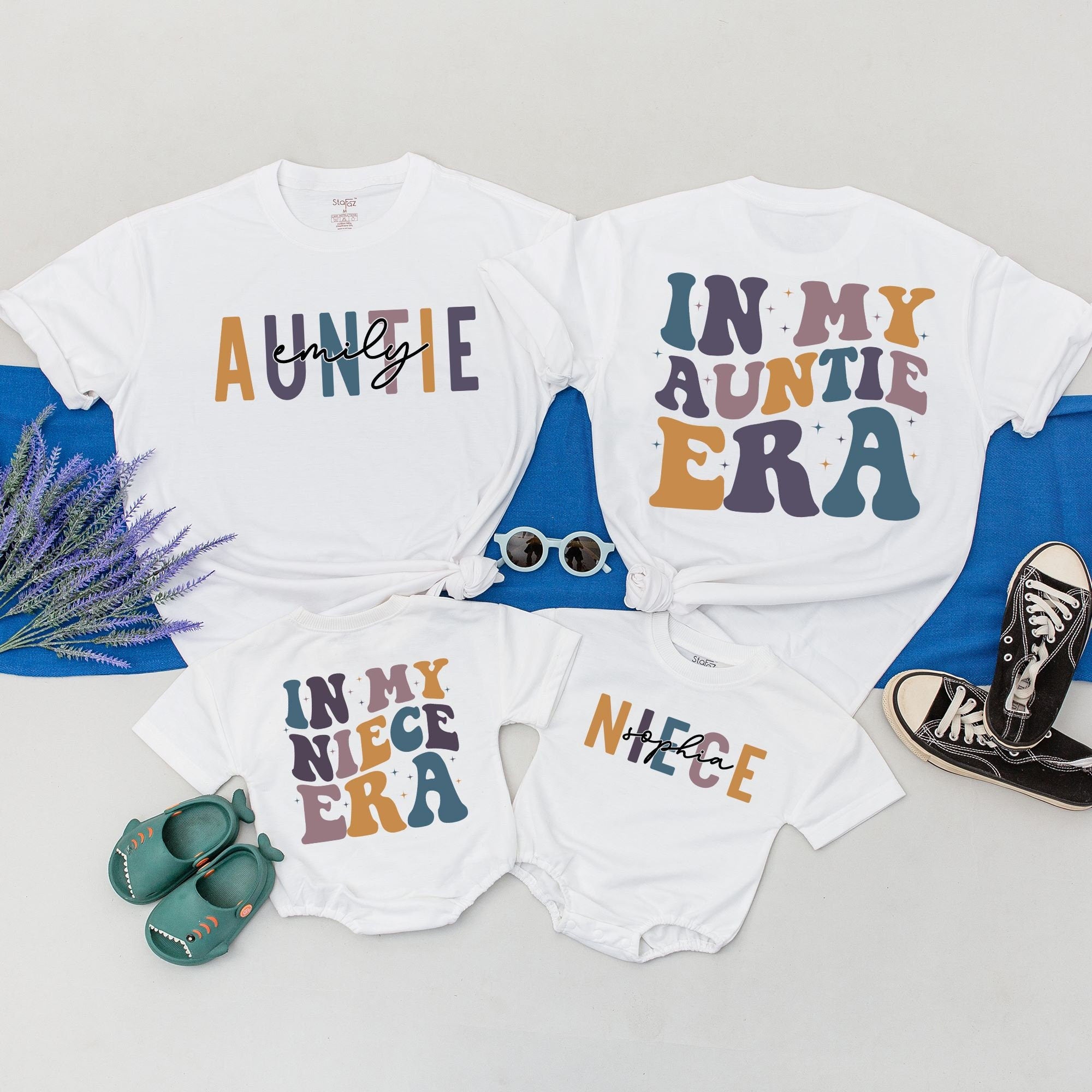 Vibrant Matching Auntie and Niece Era Shirts Playful Family Outfit Personalized Names Comfortable Cotton Gift for New Aunt Holiday