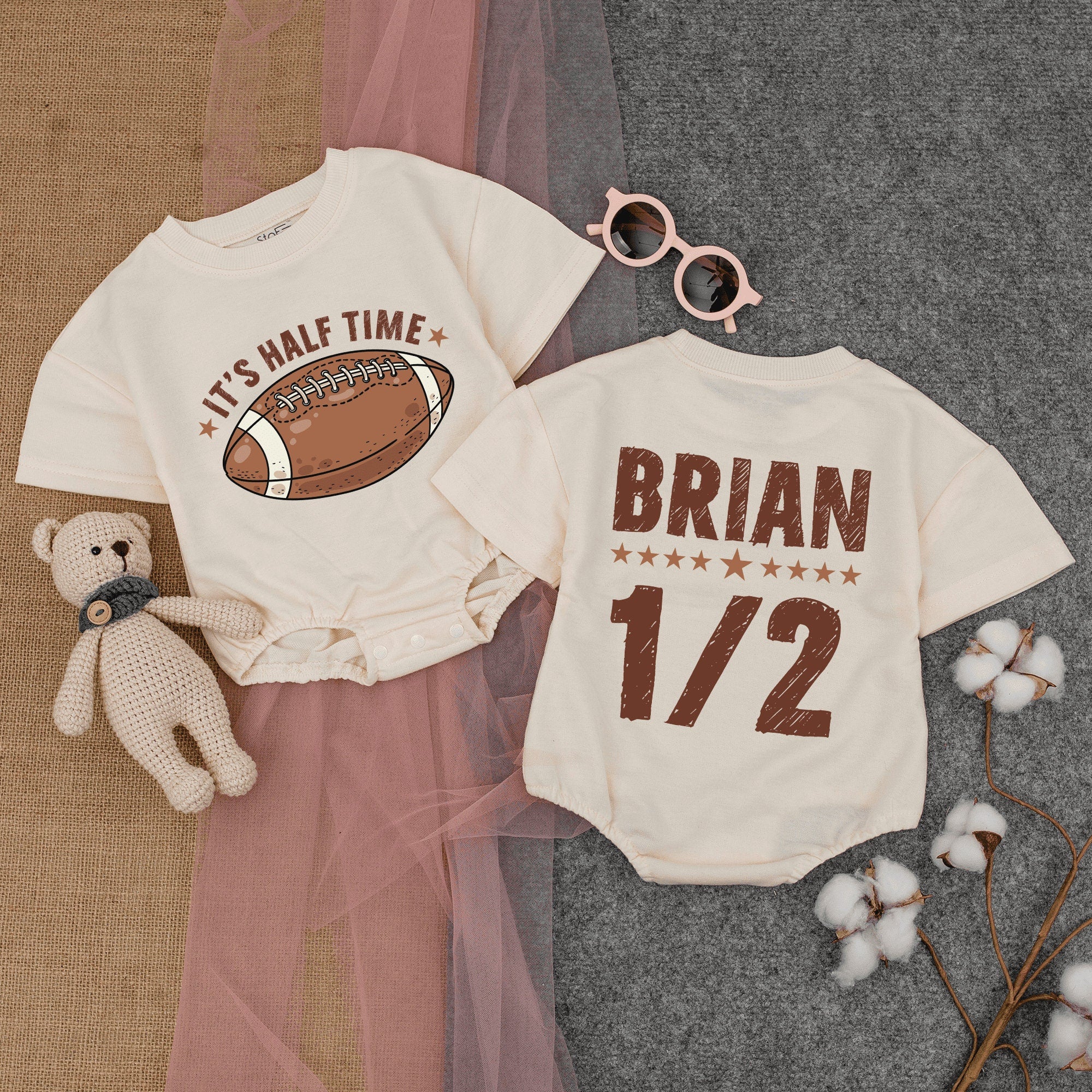 Personalized It's Halftime Baby Romper Football Theme Birthday Outfit Sporty Gameday Comfortable Cotton Infant Clothes Brown Design
