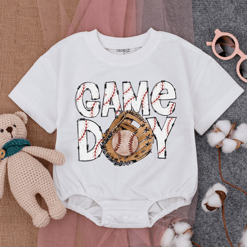 Game Day Baseball Baby Romper with Playful Stitch Design