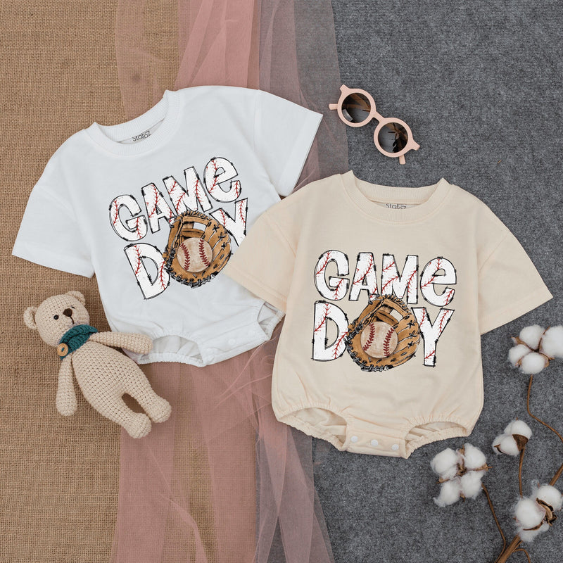 Game Day Baseball Baby Romper with Playful Stitch Design