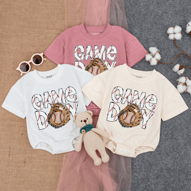 Game Day Baseball Baby Romper with Playful Stitch Design