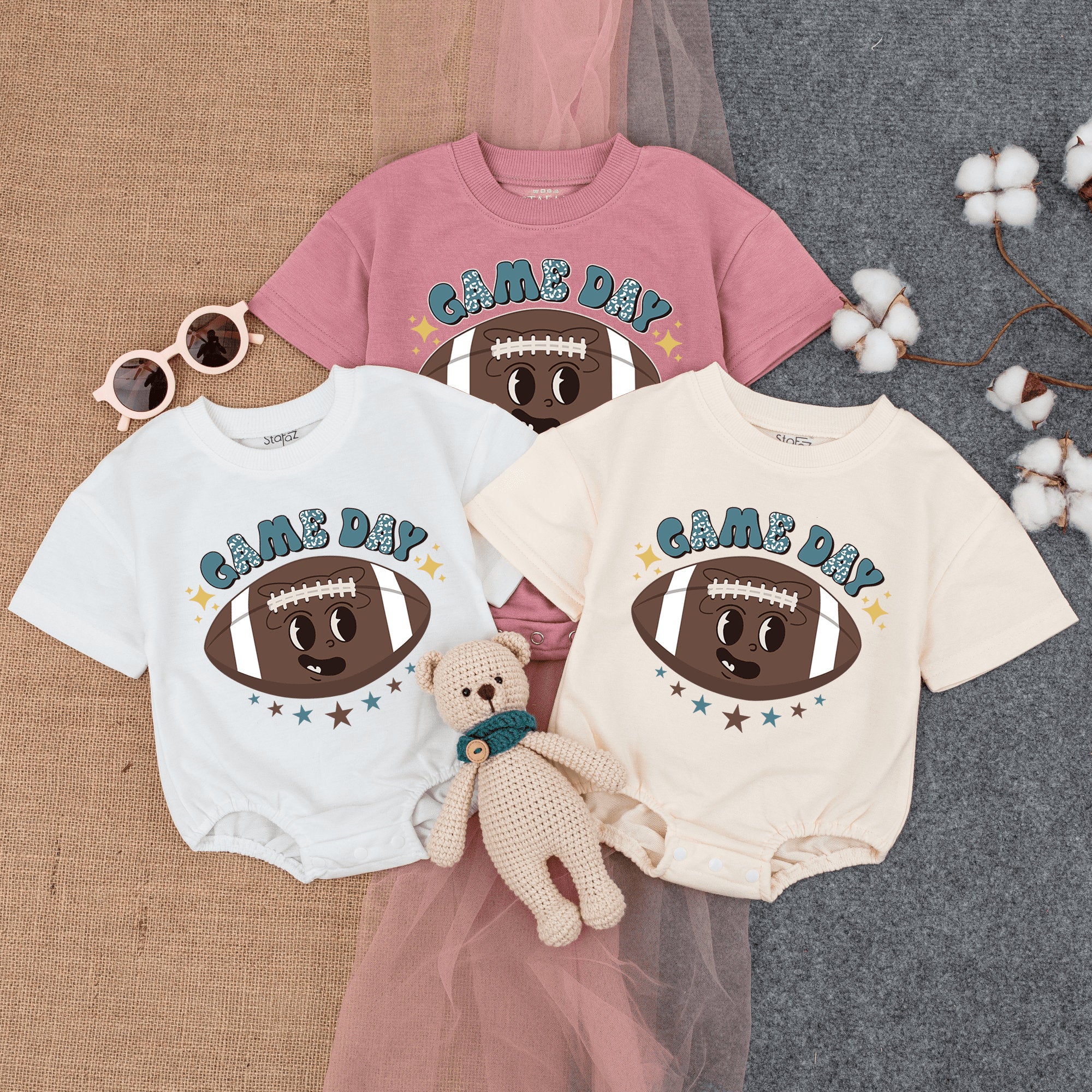 Game Day Bubble Romper Football Baby Outfit for Boys Girls Cozy Cotton Playful Cartoon Design Perfect for Sports Season Festivities
