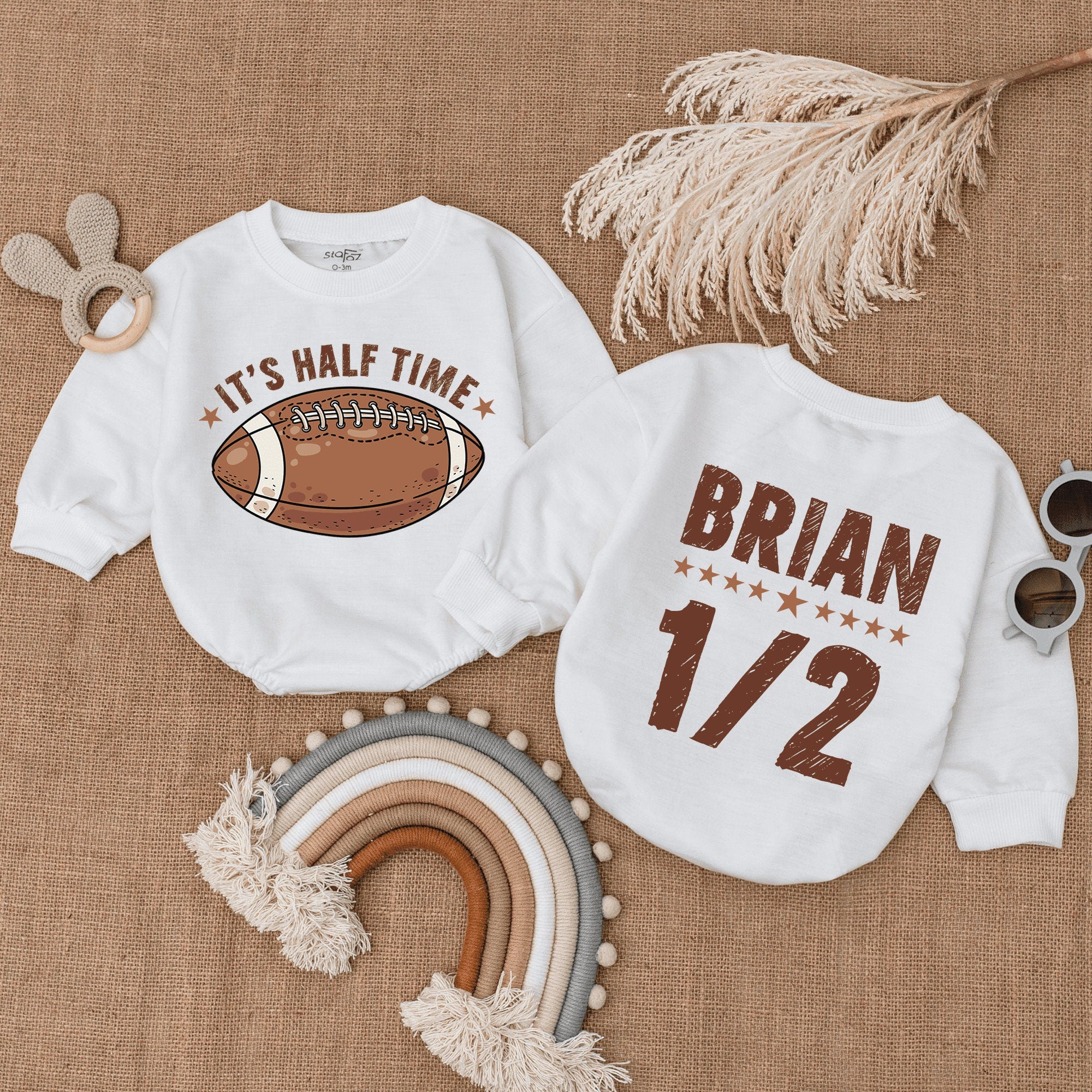 Football Half Birthday Baby Romper It's Half Time Brian 1/2 Design Infant Bodysuit Soft Cotton Playful Sporty Outfit for Game Day