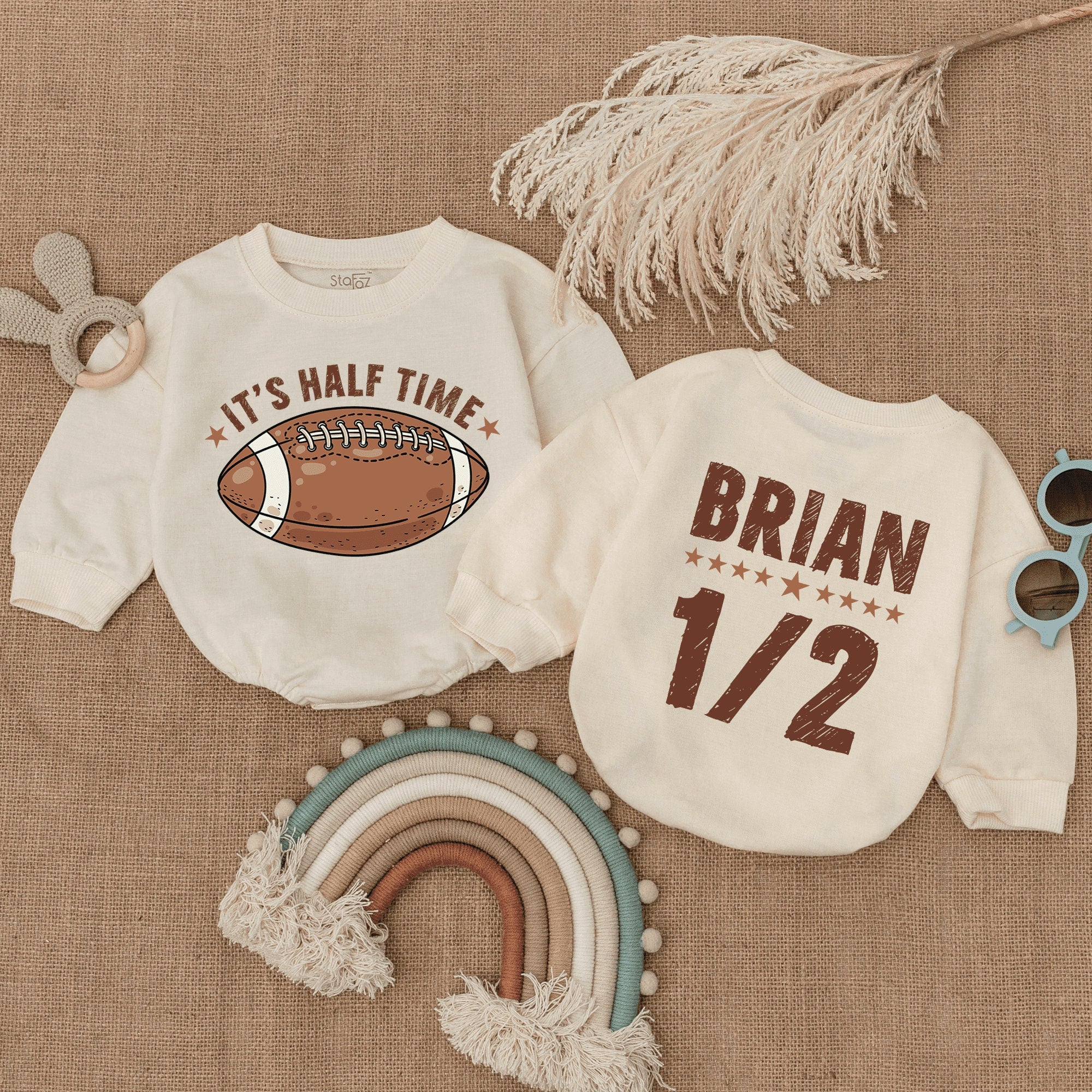 Football Half Birthday Baby Romper It's Half Time Brian 1/2 Design Infant Bodysuit Soft Cotton Playful Sporty Outfit for Game Day