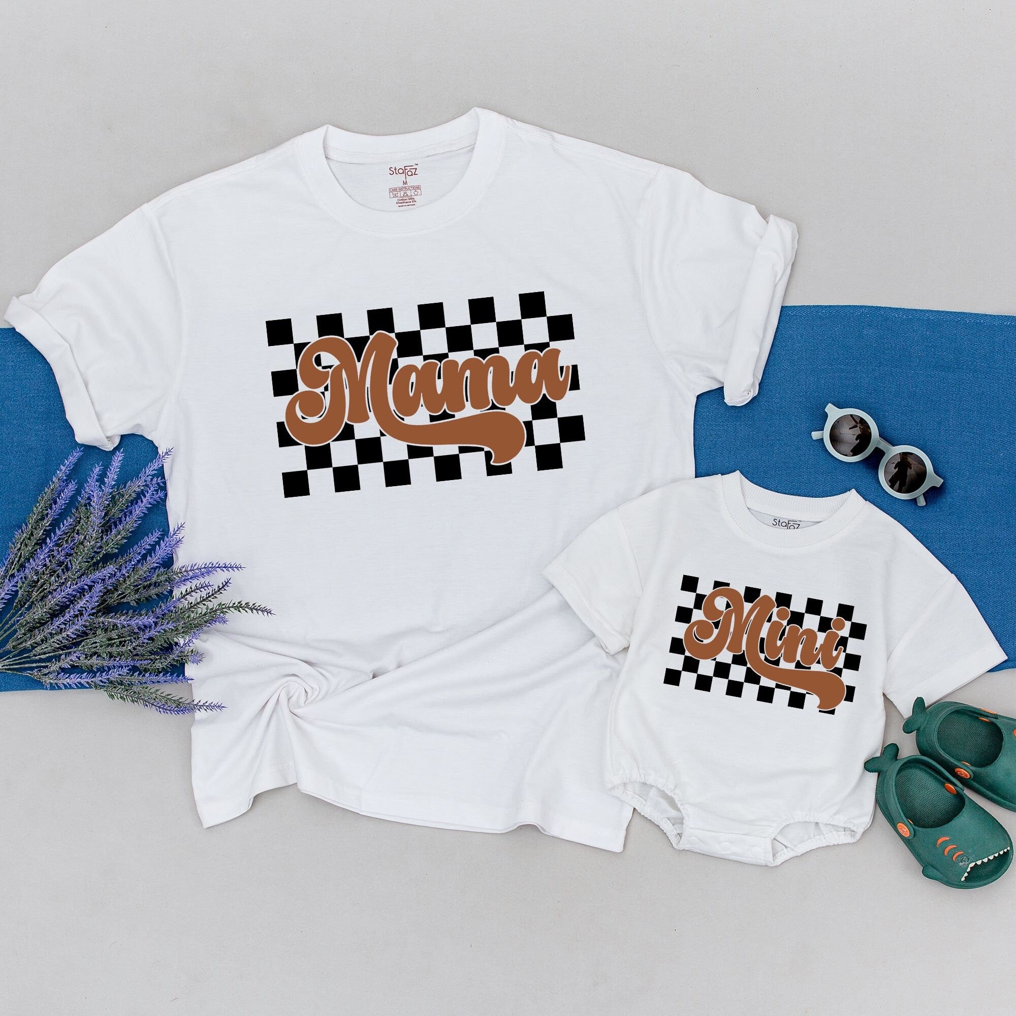 Retro Mama and Mini Matching Shirts Family Checkered Design for Mom and Daughter Nostalgic Cotton Outfit Birthday Holiday Gift