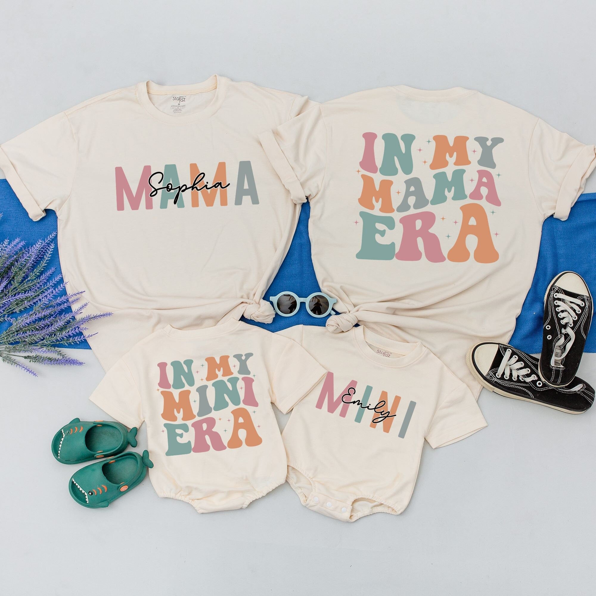 Personalized Retro Mama and Mini Shirts Groovy Family Outfit Custom Names Vintage Pastel Design Soft Cotton Mother's Day Gift