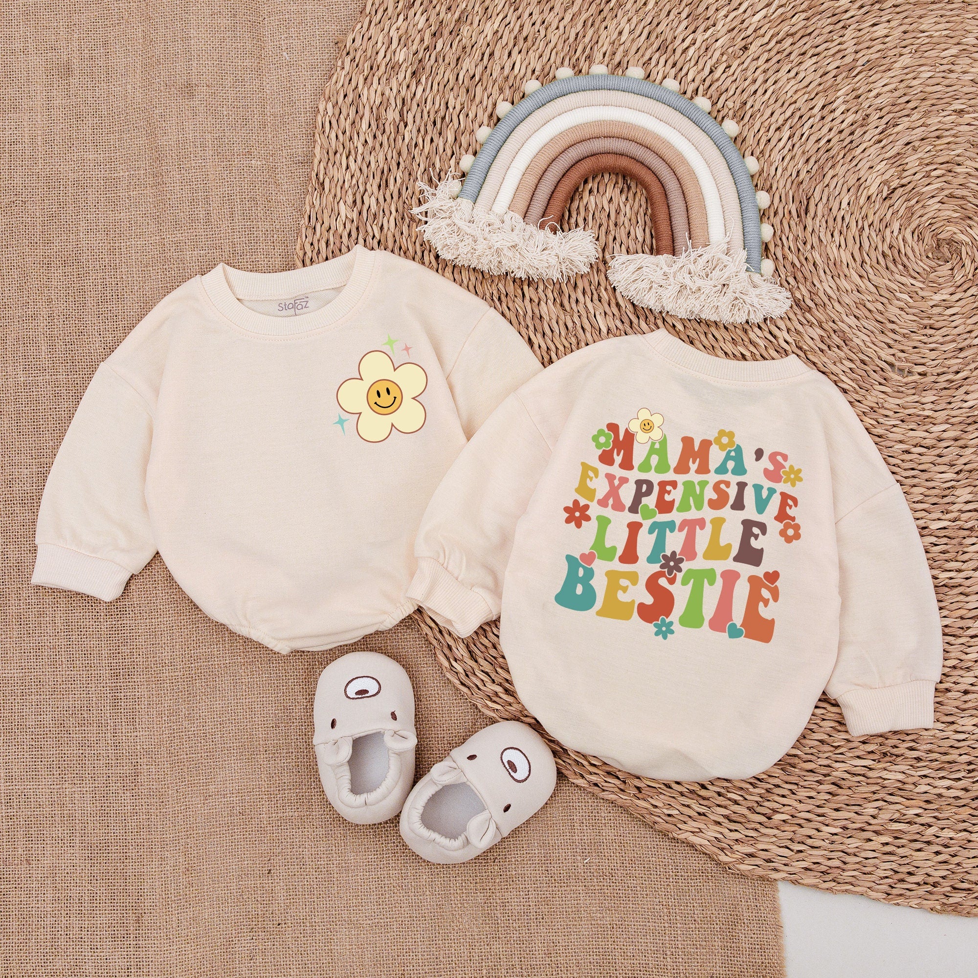 Mama's Expensive Little Bestie Baby Romper Colorful Smiley Face Flower Design Soft Cotton Toddler Birthday Outfit Retro Style