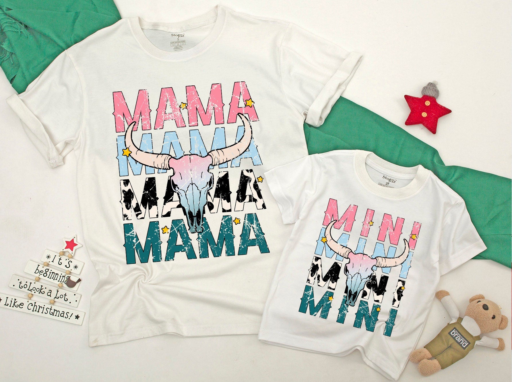 Matching Mama and Mini Western T-Shirts Vibrant Cow Skull Design Leopard Print Retro Style Mom Baby Outfit Soft Cotton Gift