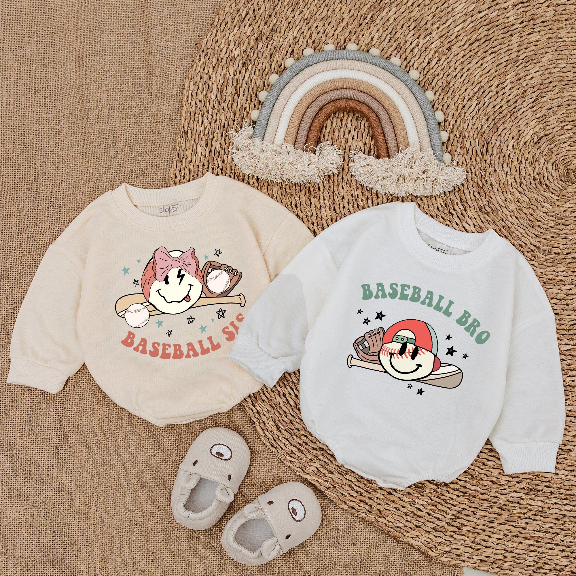 Baseball Sis and Bro Romper Set Cute Cartoon Design Toddler Outfit Cheerful Baseball Graphic Soft Cotton Birthday Holiday Gift