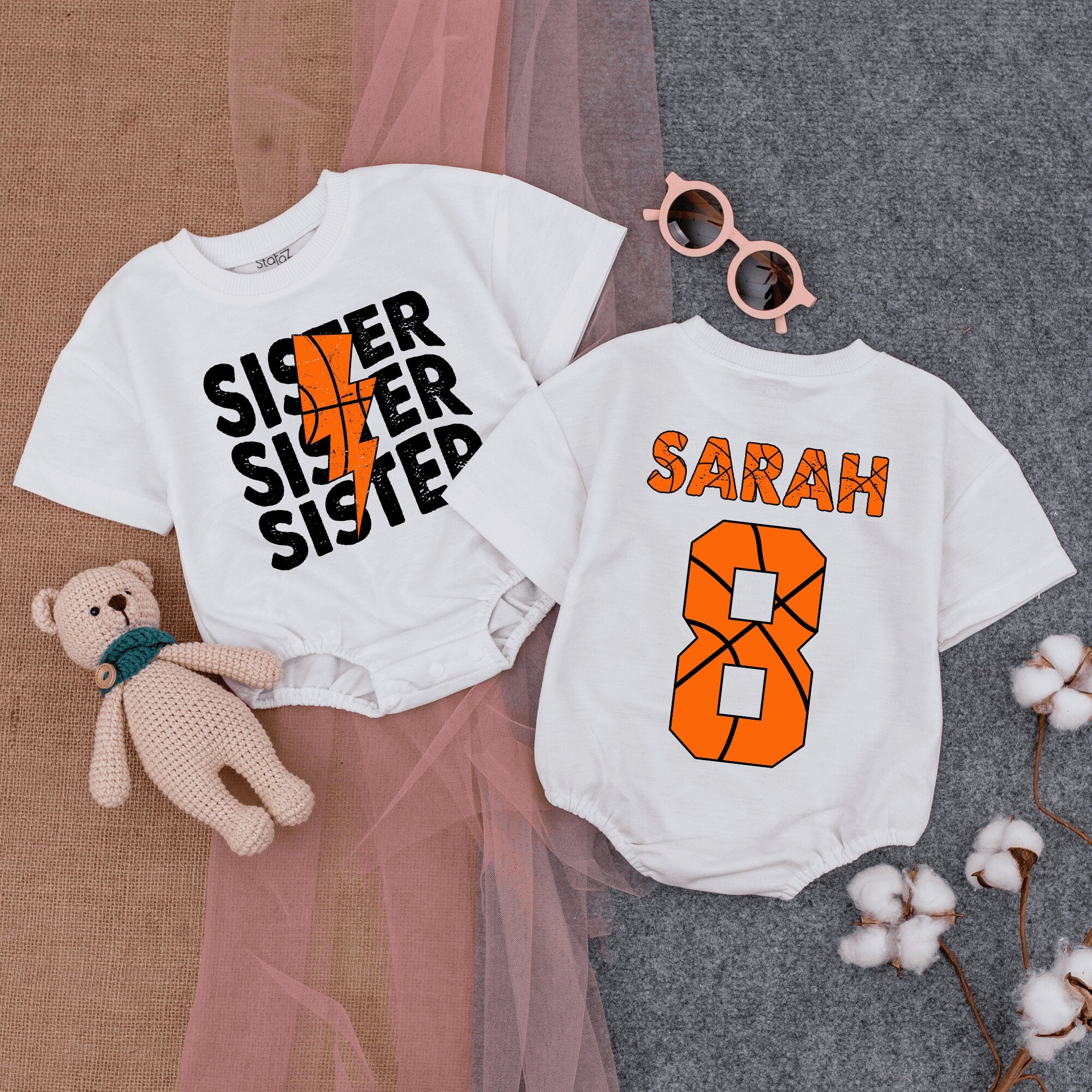 Sister Sister Sister Basketball Romper for Baby Girls Soft Cotton Game Day Outfit Infant Bodysuit Sporty Birthday Gift Sarah Design
