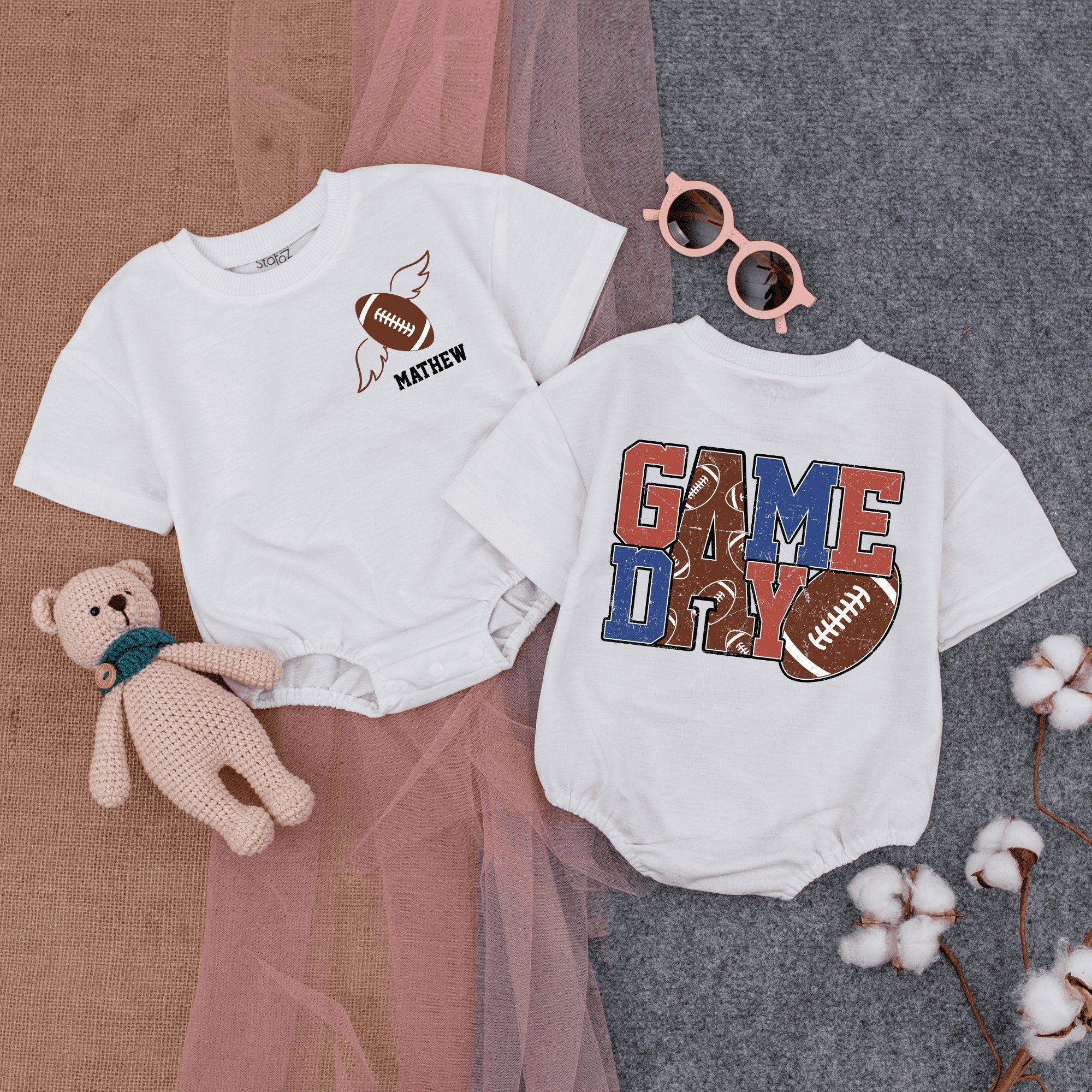 Football Game Day Baby Romper with Wings Customizable Text Infant Bodysuit Fun Sporty Outfit Vibrant Colors Soft Cotton Comfortable