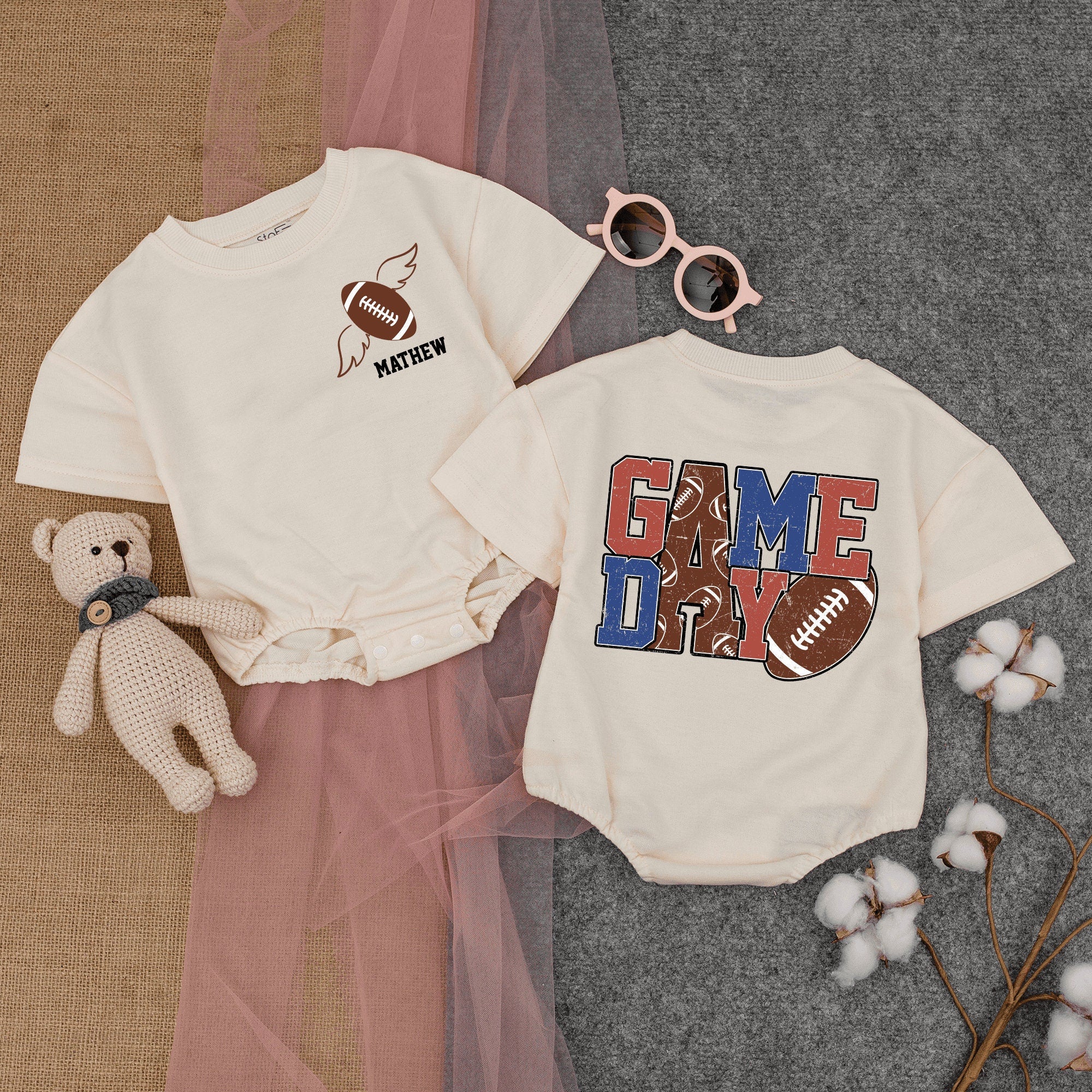Football Game Day Baby Romper with Wings Customizable Text Infant Bodysuit Fun Sporty Outfit Vibrant Colors Soft Cotton Comfortable