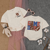 Football Game Day Baby Romper with Wings Customizable Text Infant Bodysuit Fun Sporty Outfit Vibrant Colors Soft Cotton Comfortable