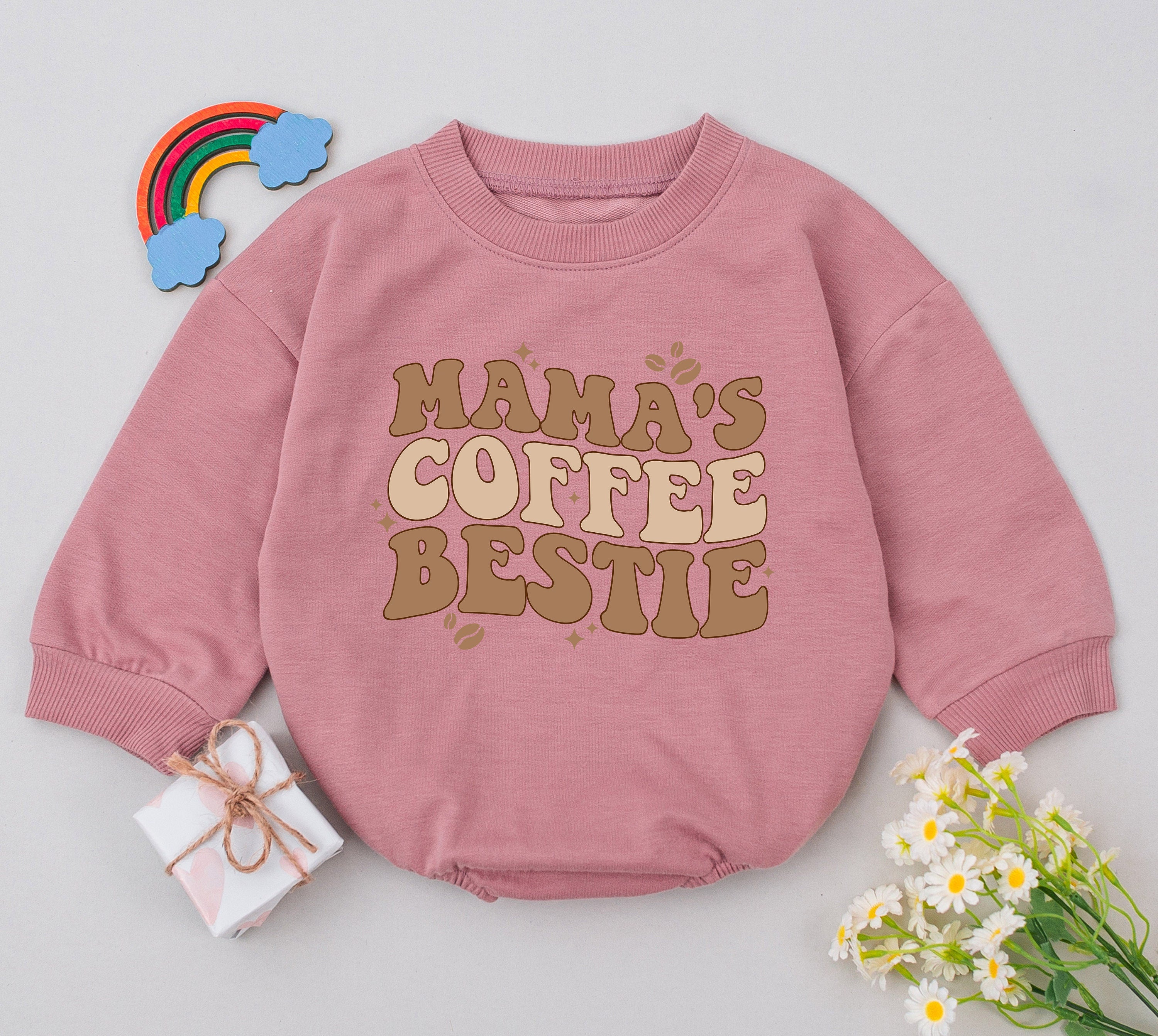 Mama's Coffee Bestie Retro Romper for Baby Girl Cozy Brown Design Mother's Day Gift Newborn Outfit with Stars and Sparkles