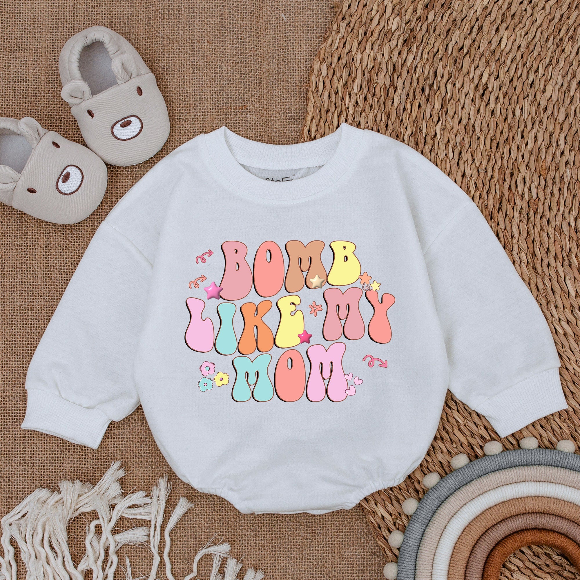 Bomb Like My Mom Baby Girl Romper Whimsical Pastel Colors Retro Font Soft Cotton Outfit Mommy & Me Gift Floral Star Graphics Fun Look