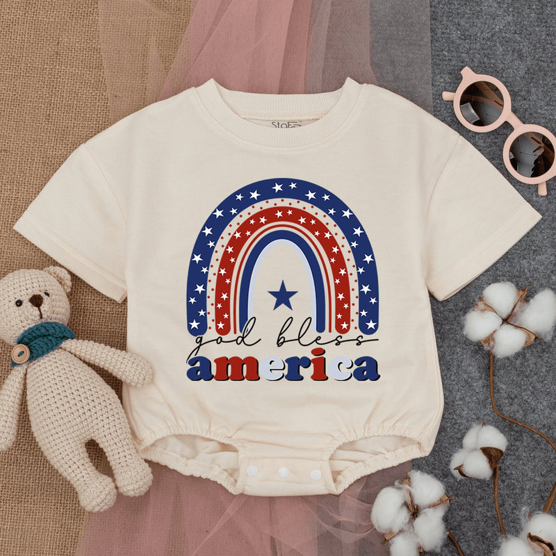 God Bless America Baby Romper Retro Patriotic Design Fourth of July Infant Outfit Soft Cotton Red White Blue Stars Comfortable Bodysuit