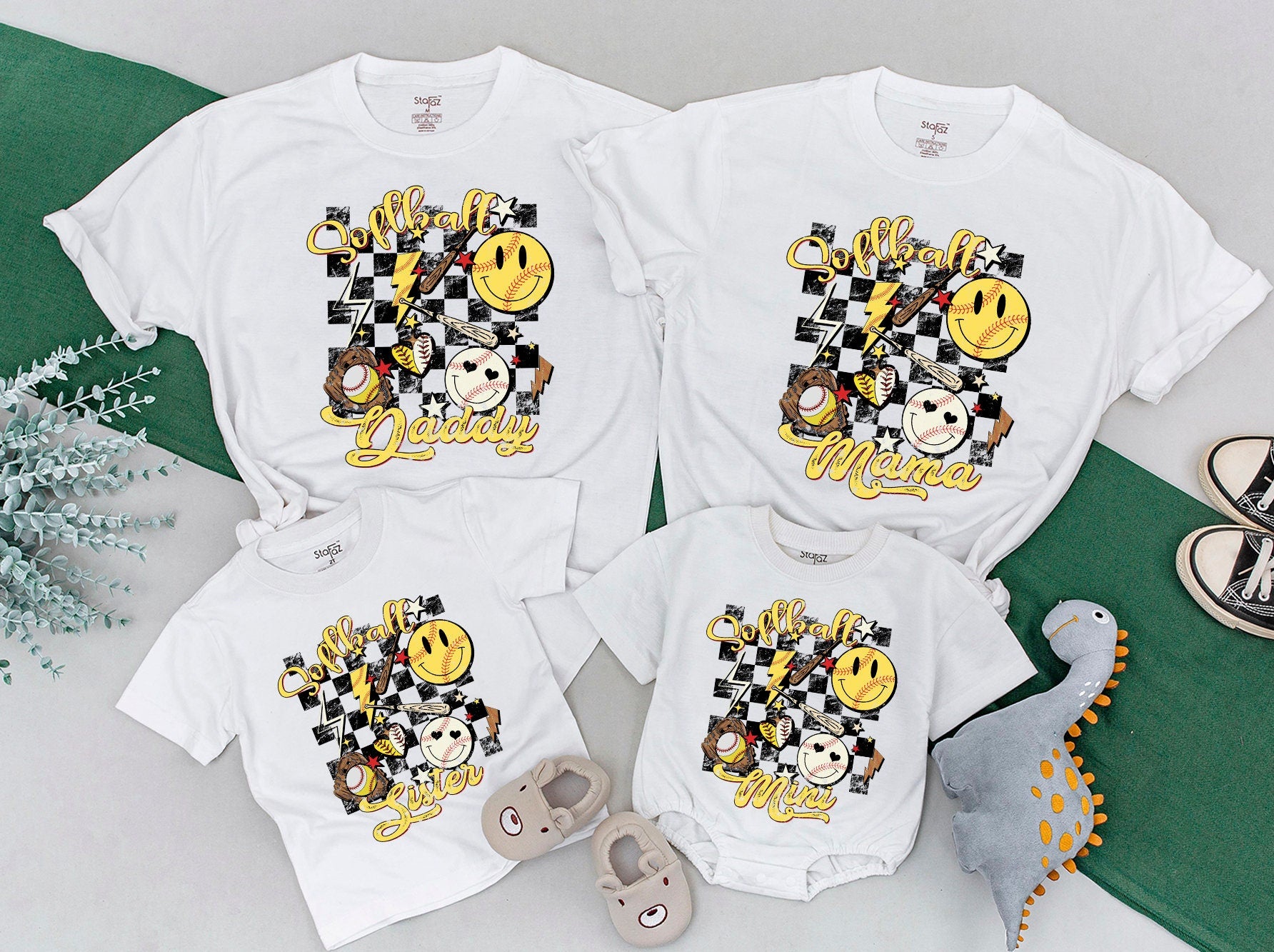 Custom Family Softball Shirts Retro Smiley Checkered Tee Personalized Names Sporty Vintage Gift Outfit for Daddy Mama Sister Baby