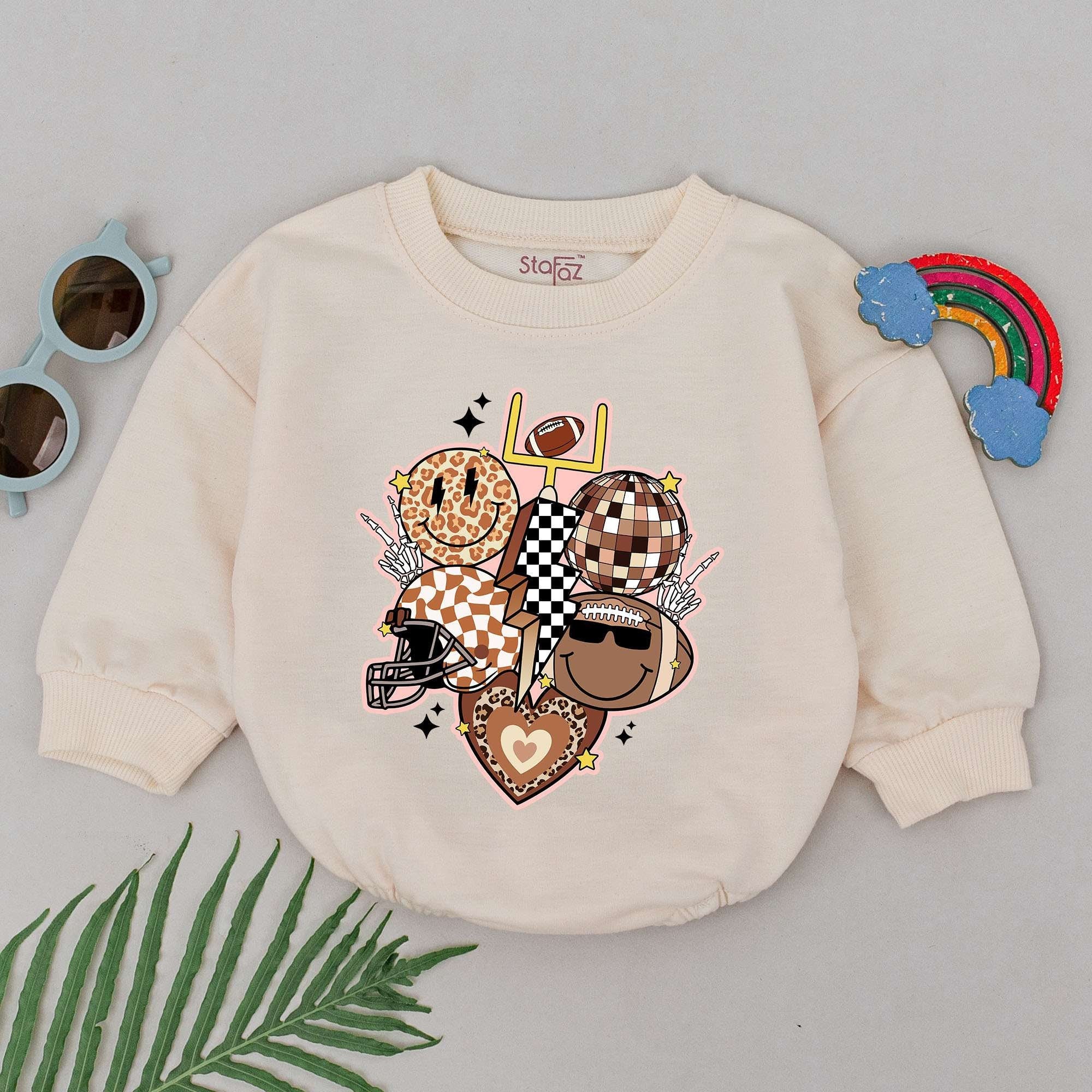Retro Football Baby Romper with Vintage Sports Design Fall Infant Outfit Warm Brown Cartoonish Style Comfortable Cotton Playful Gift