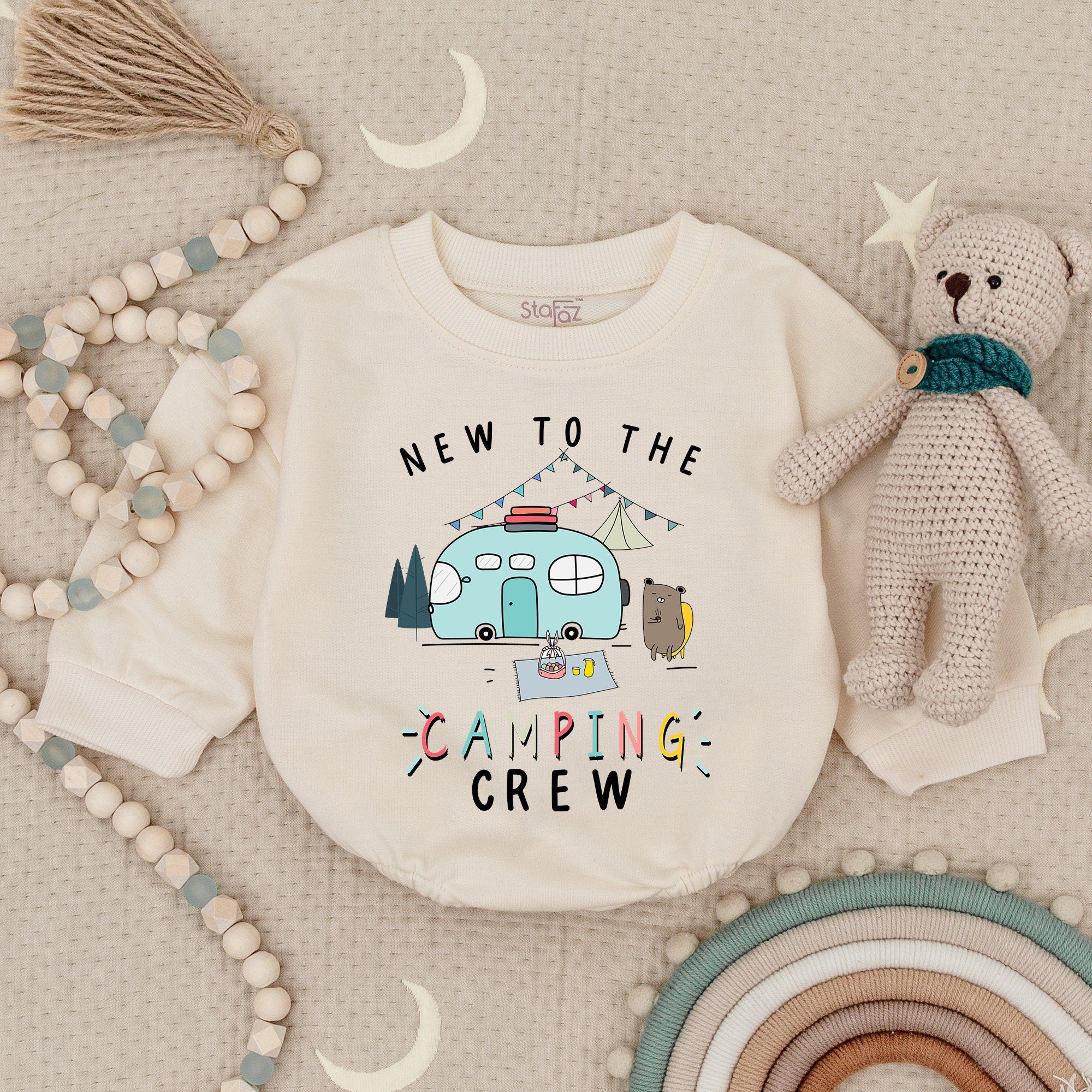 Adventurous New Camping Crew Baby Romper with Retro Van