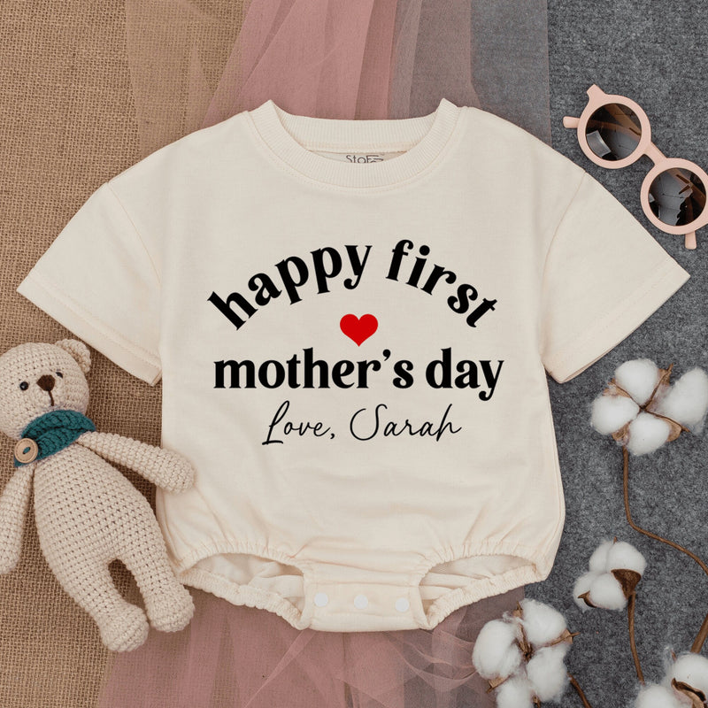 Happy First Mother's Day Baby Romper Personalized Gift Heart Design Soft Cotton Newborn Outfit Custom Love Sarah Short Sleeve