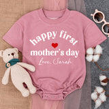 Happy First Mother's Day Baby Romper Personalized Gift Heart Design Soft Cotton Newborn Outfit Custom Love Sarah Short Sleeve