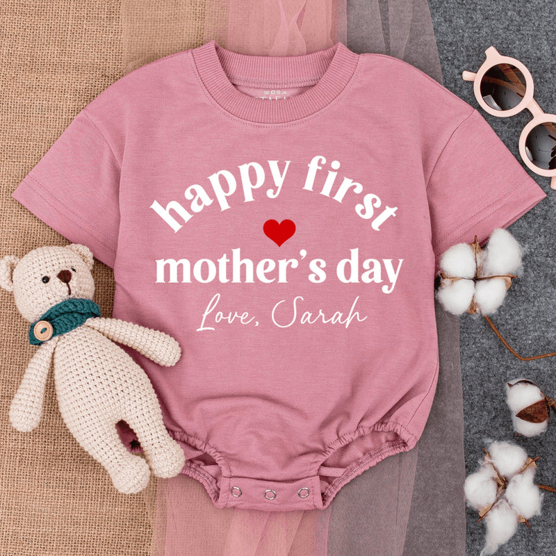 Happy First Mother's Day Baby Romper Personalized Gift Heart Design Soft Cotton Newborn Outfit Custom Love Sarah Short Sleeve