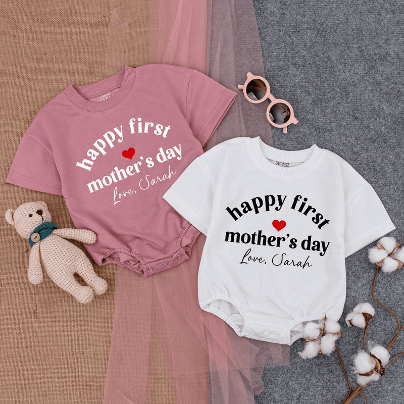 Happy First Mother's Day Baby Romper Personalized Gift Heart Design Soft Cotton Newborn Outfit Custom Love Sarah Short Sleeve