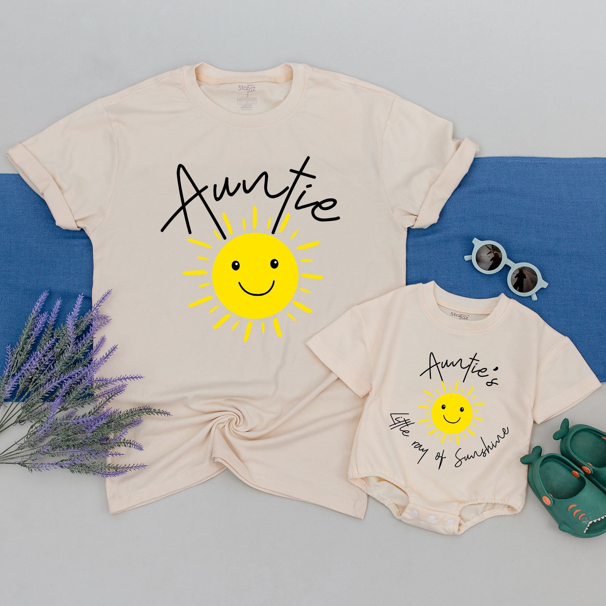 Matching Auntie and Niece Nephew Shirts Cheerful Sun Design Family Gift Cotton Comfortable Toddler Outfit Personalized for Special Moments