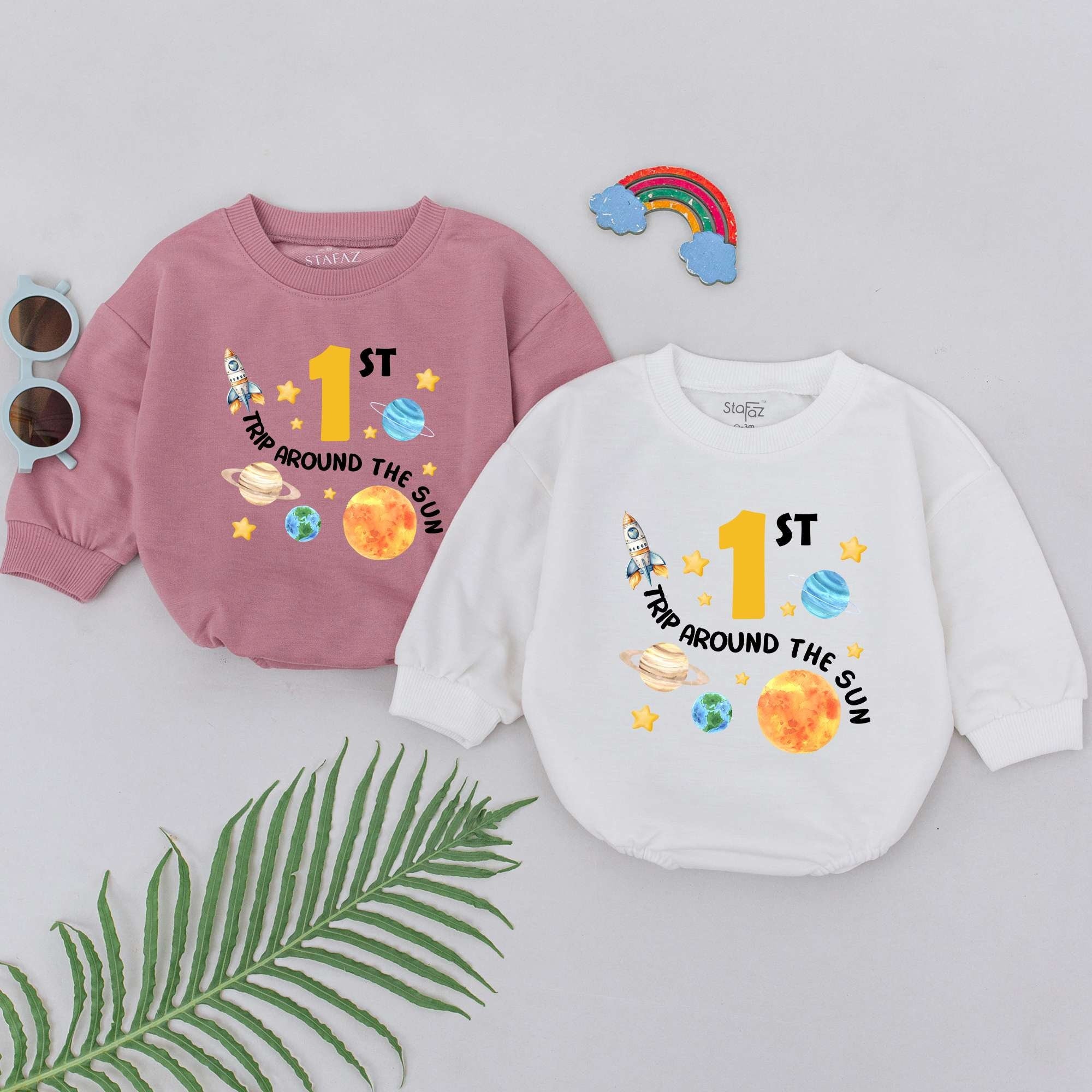 First Trip Around the Sun Baby Romper Space Theme First Birthday Outfit Retro Design for Boys Girls Soft Cotton Comfortable Party Wear