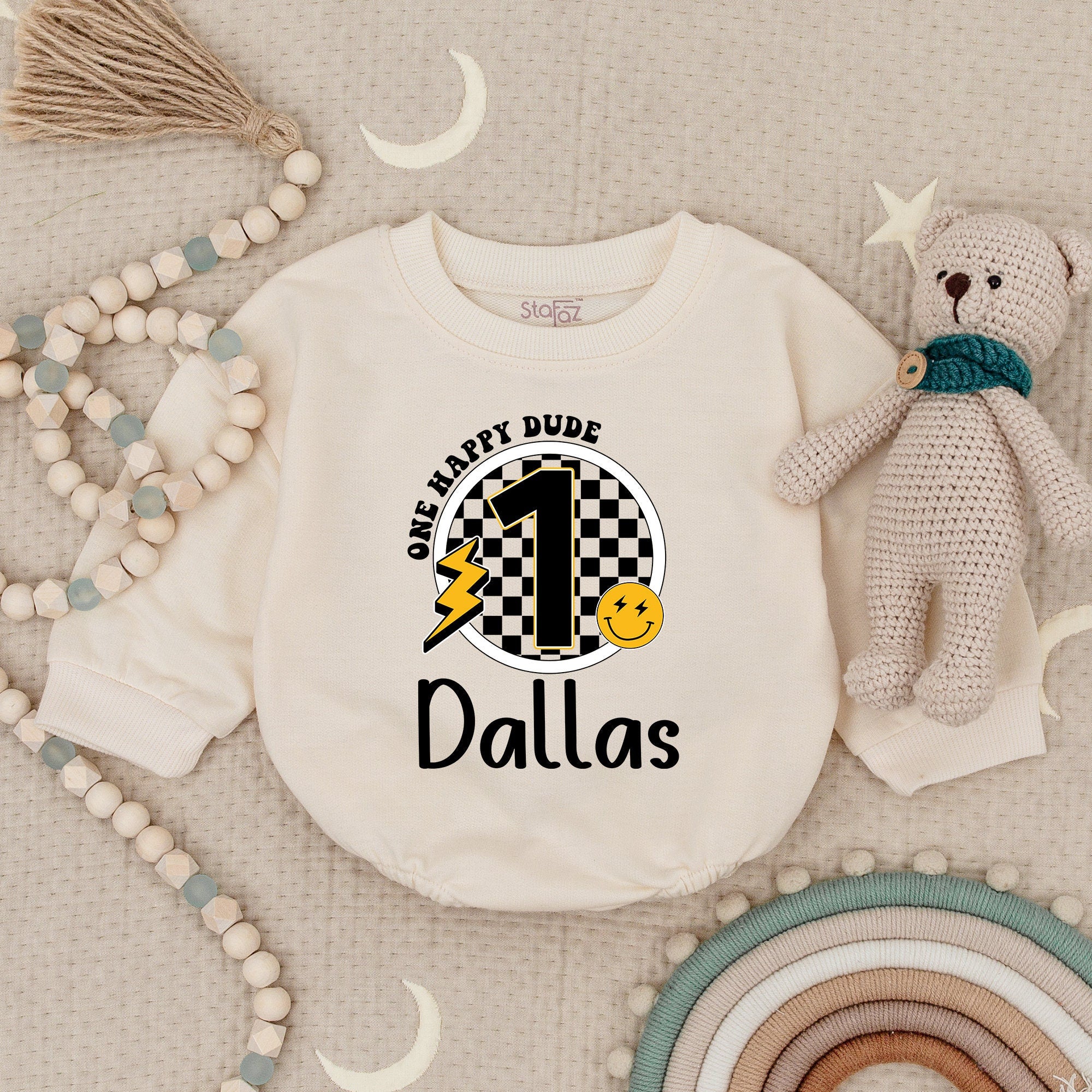 One Happy Dude 1st Birthday Bodysuit with Checkered Design