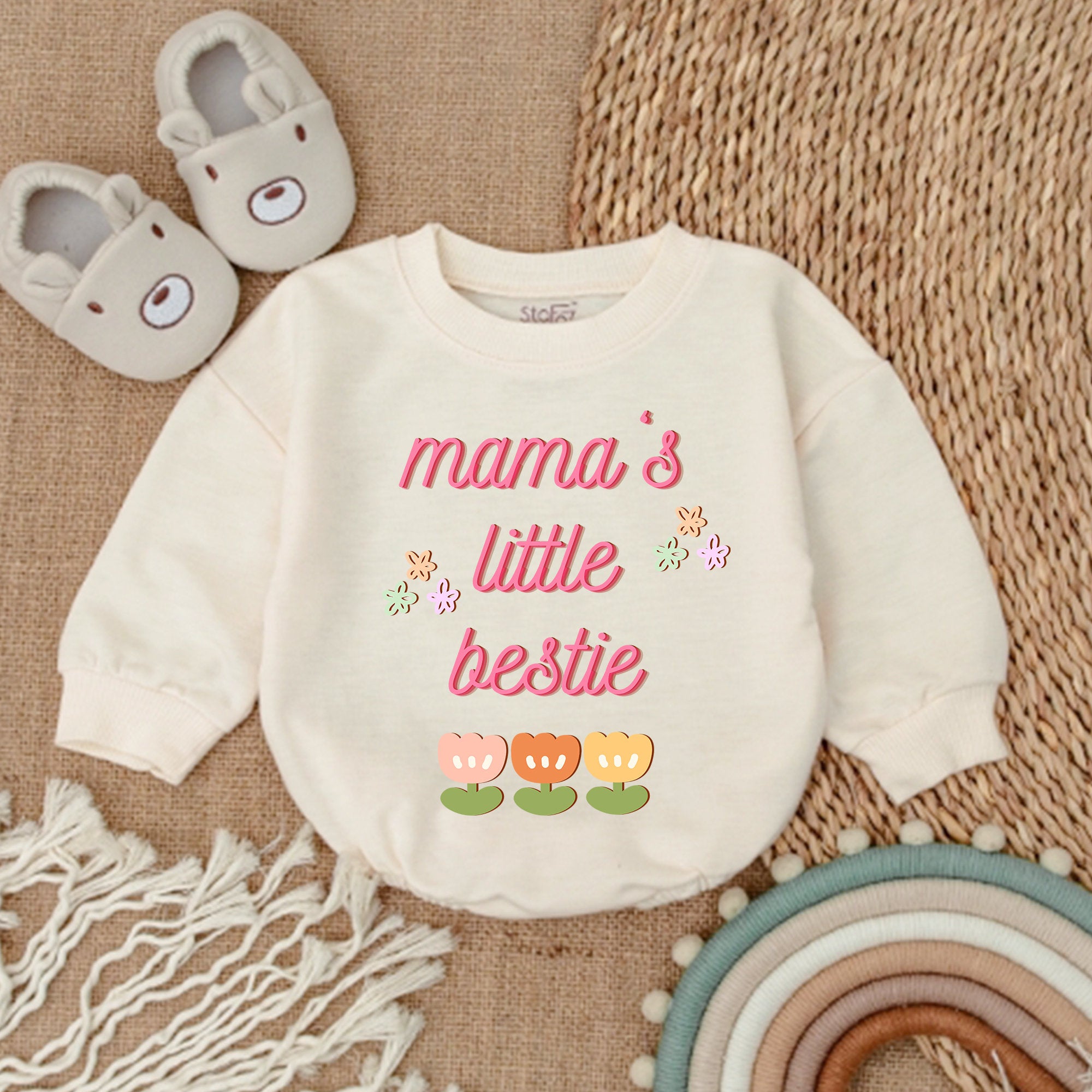 Mama's Little Bestie Romper with Floral Smiles Soft Cotton Baby Girl Outfit Perfect for Mother's Day or Birthday Gift