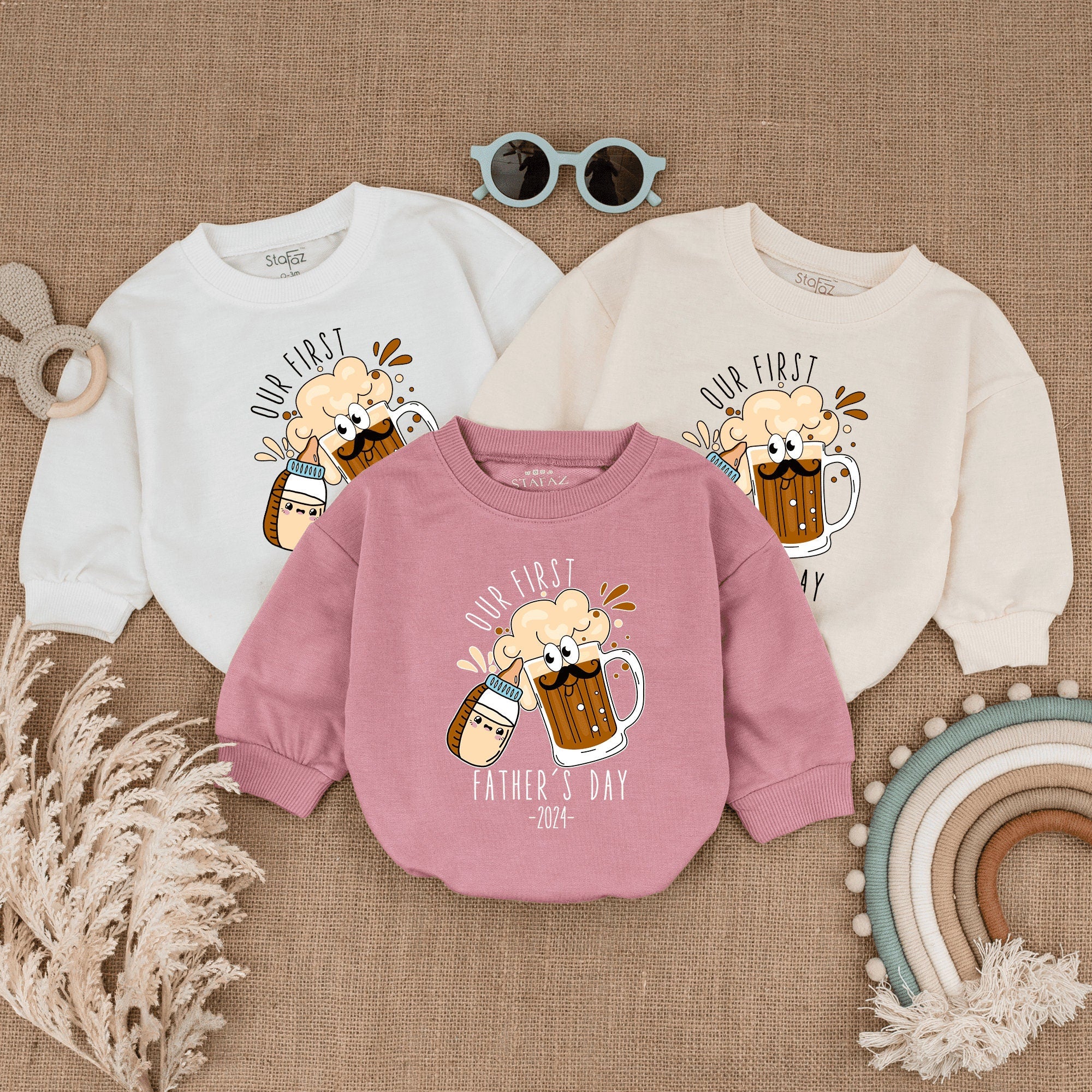 Our First Father's Day Baby Romper with Beer Mug and Bottle Design Gift for Daddy Baby Shower 2024 Warm Browns Creamy Whites Whimsical