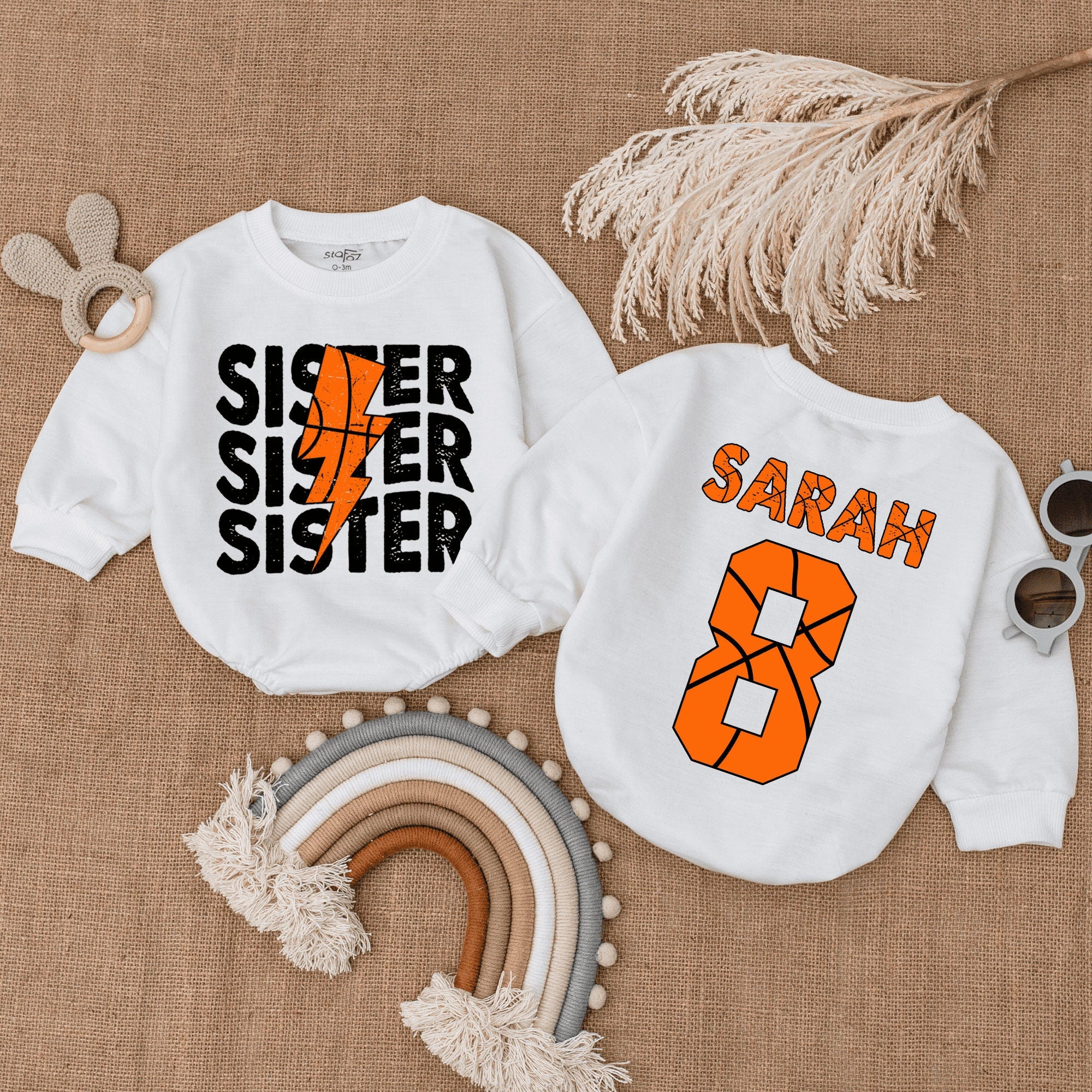 Custom SISTER Romper with Orange Lightning Bolt Design Baby Shower Gift Toddler Infant Soft Basketball Theme Personalized Name Sarah