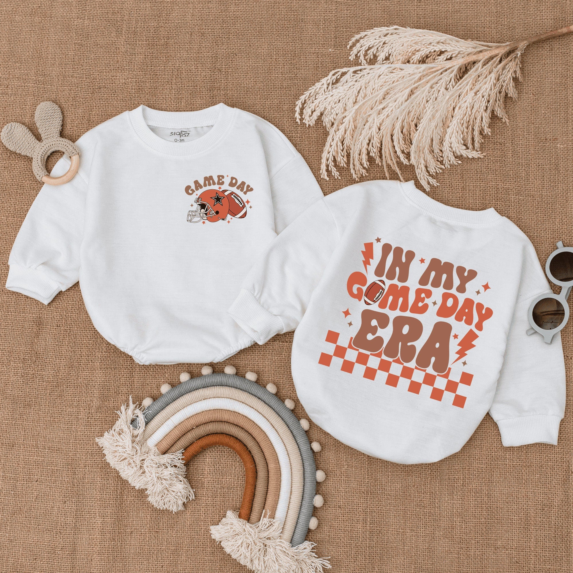 In My Game Day Era Baby Romper Football Helmet Stars Retro Design Soft Cotton Comfortable Infant Bodysuit Football Season Outfit