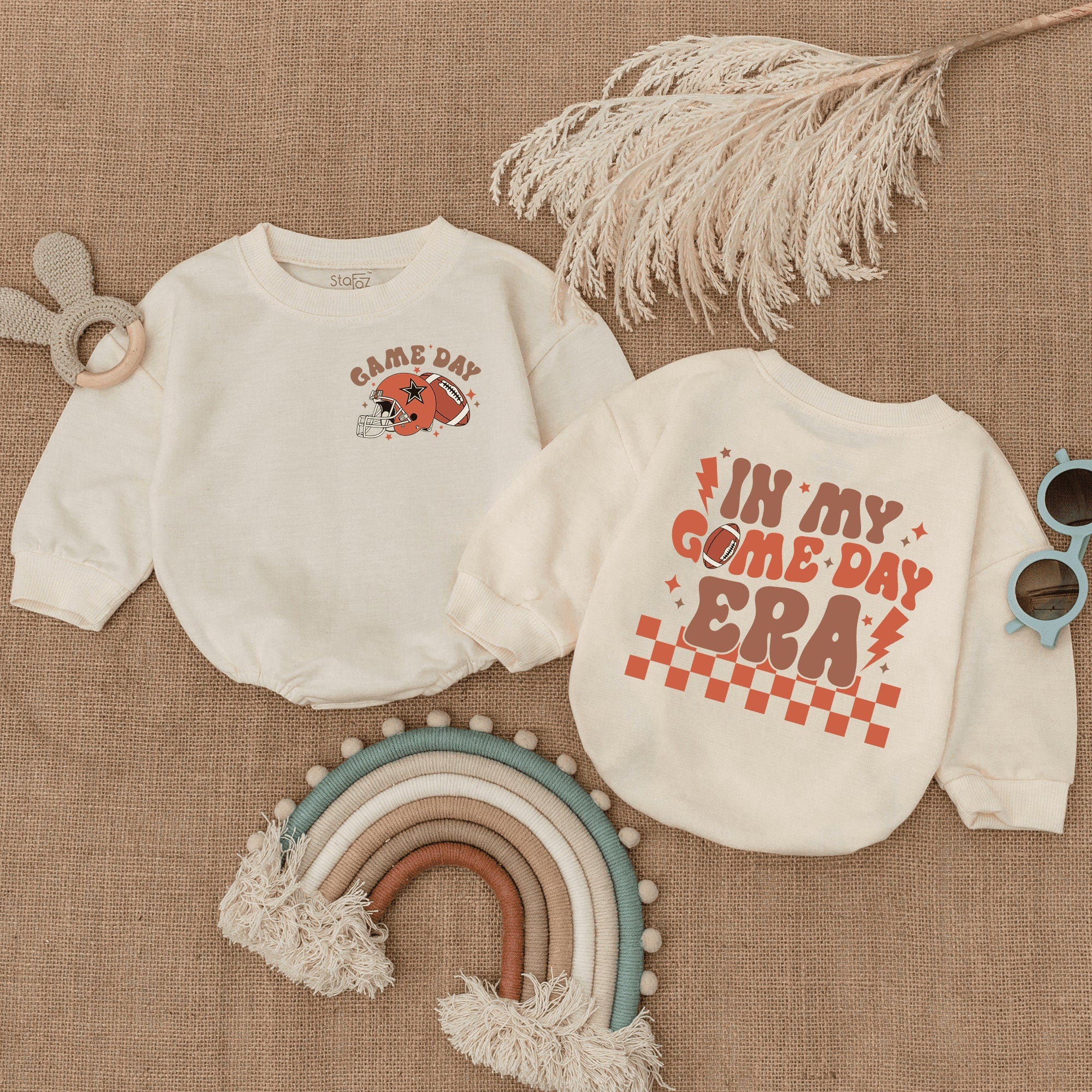 In My Game Day Era Baby Romper Football Helmet Stars Retro Design Soft Cotton Comfortable Infant Bodysuit Football Season Outfit